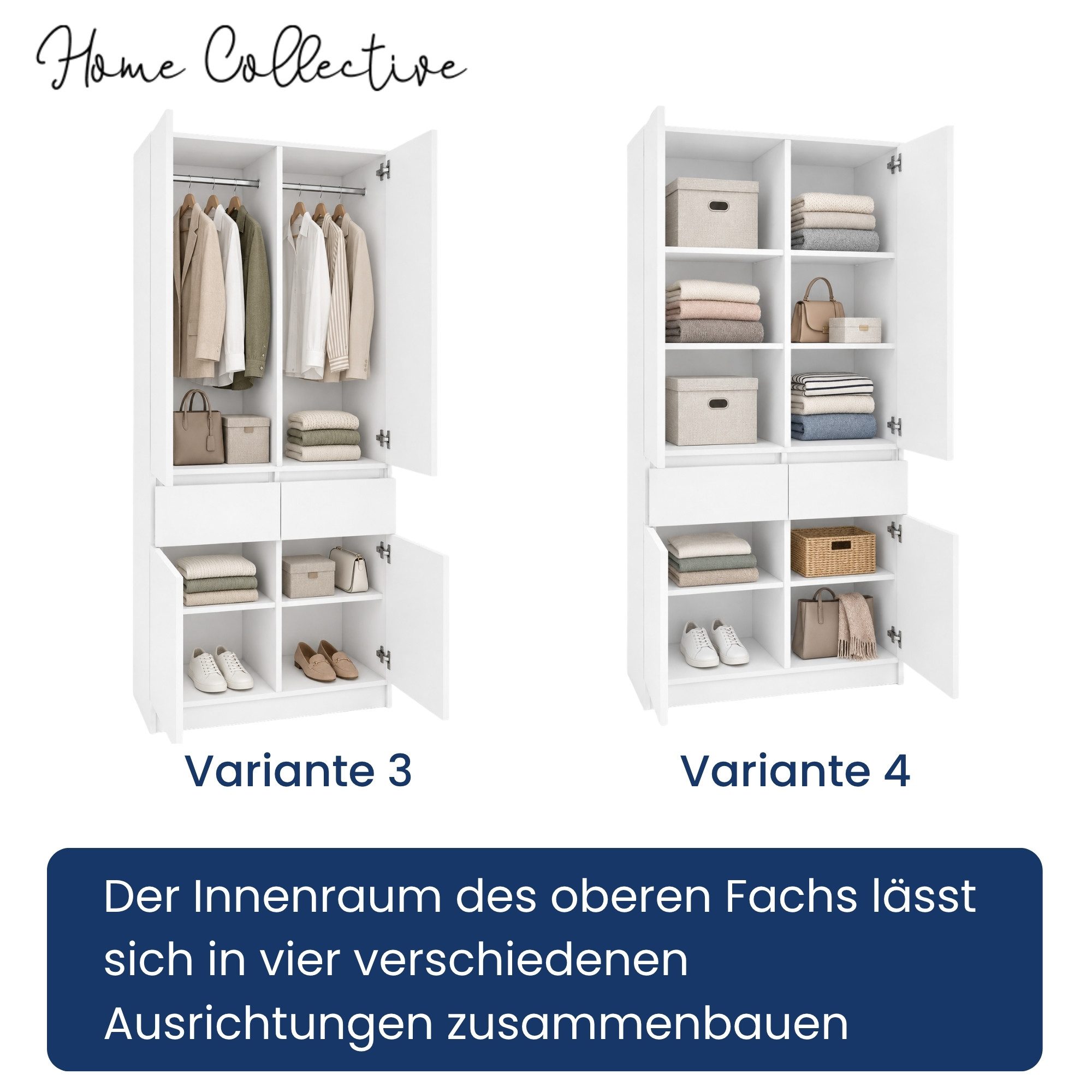 Home Collective Kleiderschrank Schrank Schlafzimmer Garderobenschrank Mehrzweckschrank Hochschrank (100 cm breit, mit 2 Schubladen, Kleiderstange & Einlegeböden – Bild 5 von 5