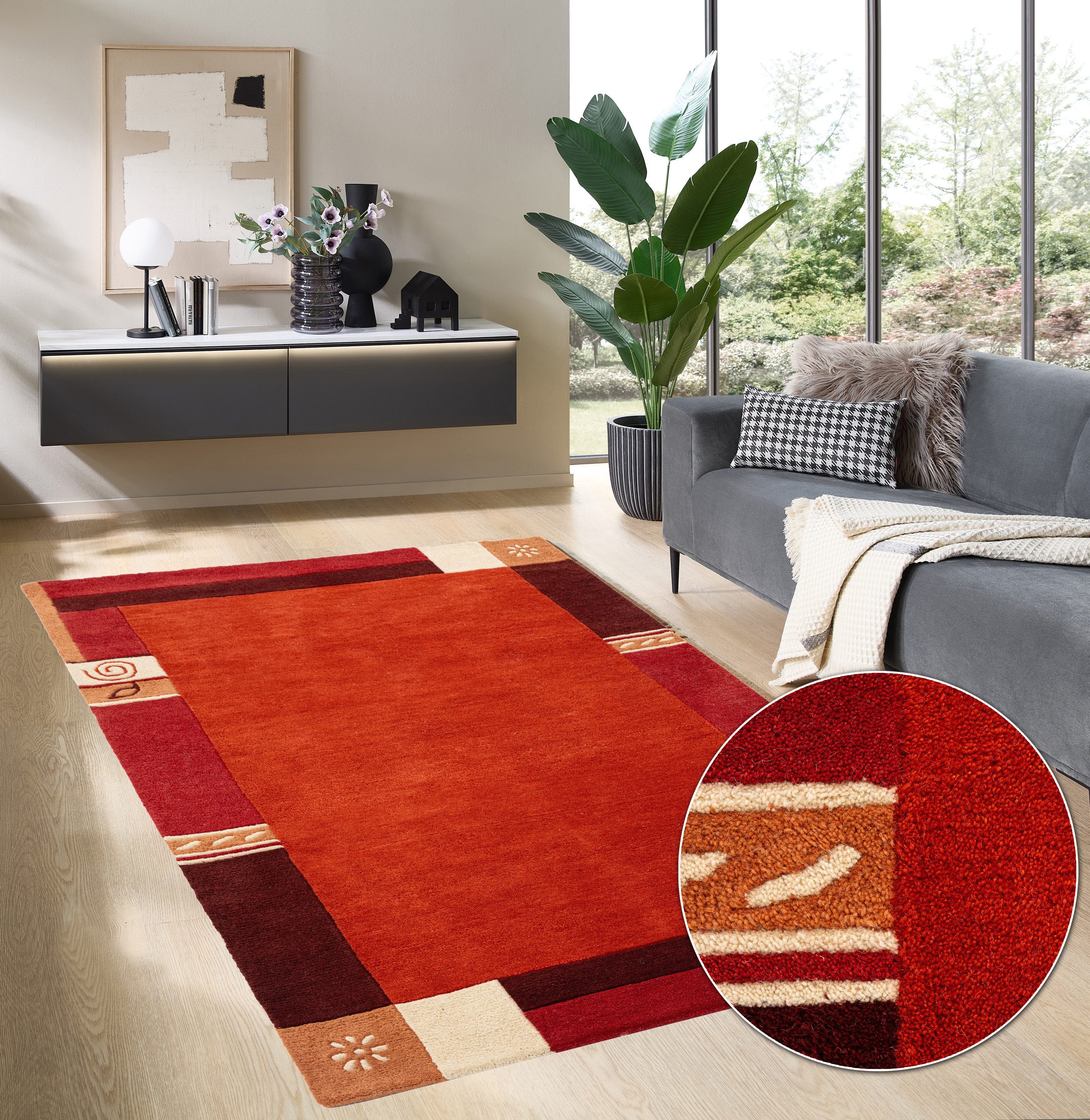 THEKO Wollteppich Tromso, Wolle, handgearbeitet, Bordüre mit Hoch-Tief-Effekt, rechteckig, Höhe: 15 mm, Wohnzimmer, Schlafzimmer, Esszimmer