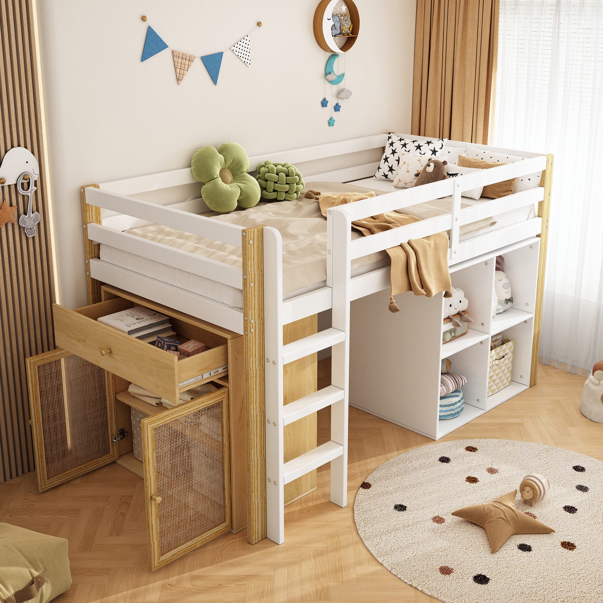 HAUSS SPLOE Hochbett 90 x 200 cm, mit 2 Aufbewahrungsschrank und Leiter, Natur + Weiß für Kinderzimmer, Schlafzimmer, Jugendzimmer