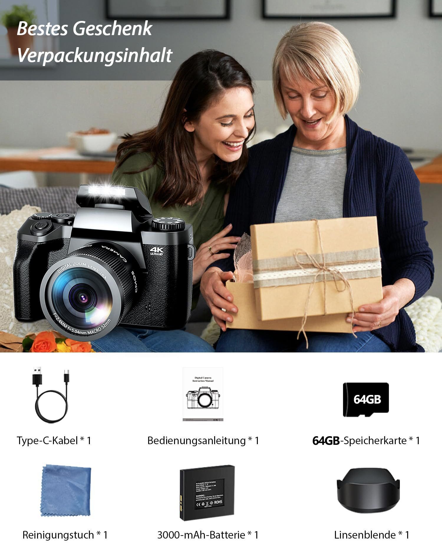 Fine Life Pro Digitalkamera 4K 64MP Fotokamera mit 4.0" Touchscreen, Kompaktkamera (inkl. mit WiFi, mit Kameratasche, der Objektivblendenabschirm, 64GB TF-Karte, 16X Digitalzoom Kompaktkamera Mit Selfie-Frontkamera für Anfänger)