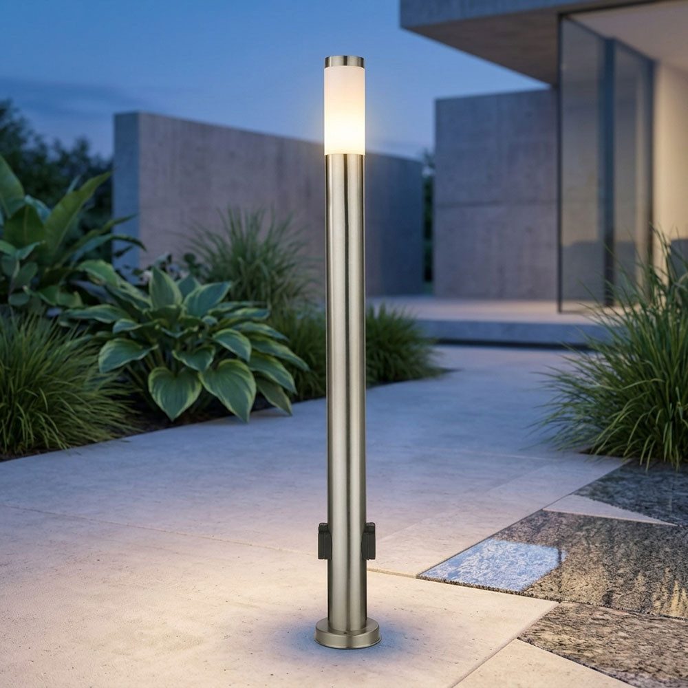 GLOBO LIGHTING LED Außen-Stehlampe, Leuchtmittel inklusive, Warmweiß, Außenleuchte Stehlampe Pollerleuchte LED Steckdosen Edelstahl opal