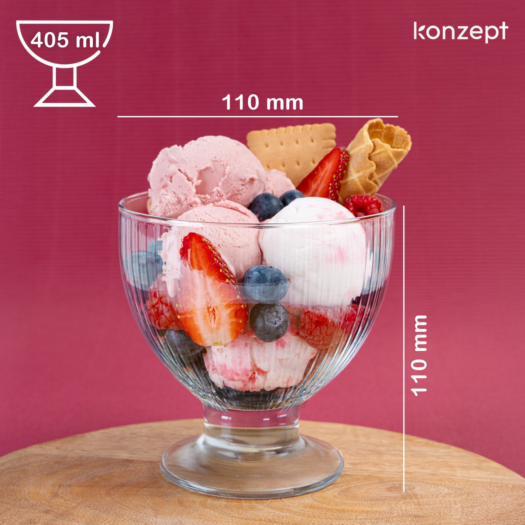 KONZEPT Eisschale Eisbecher Glas Set, Glasschale mit Fuß 405 ml, Glas Geriffelt für Eis, (8-tlg), Perfekt für Schichtdessert, Candy Bar Zubehör