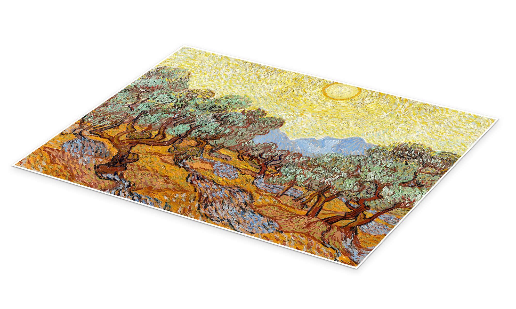 Posterlounge Wandbild Olivenbäume mit gelbem Himmel und Sonne, Vincent van Gogh, erhältlich als Poster, Leinwandbild, Wandsticker oder Acrylglasbild