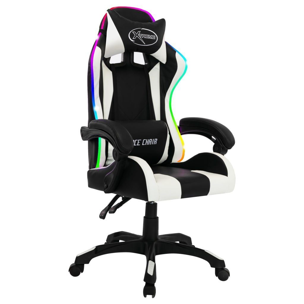 (1 St) RGB vidaXL Bürostuhl Schwarz Weiß Schwarz Gaming-Stuhl mit und Weiß | Schwarz Kunstleder und und Weiß LED-Leuchten