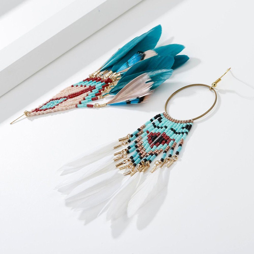 Dekorative Paar Frauen Ohrringe, (1-tlg), Ohrhaken baumelnde Geschenke Damen-Ohrringe, Party, Geschenke Boho-Stil, Federquaste, blau Geburtstag, Schmuck für für