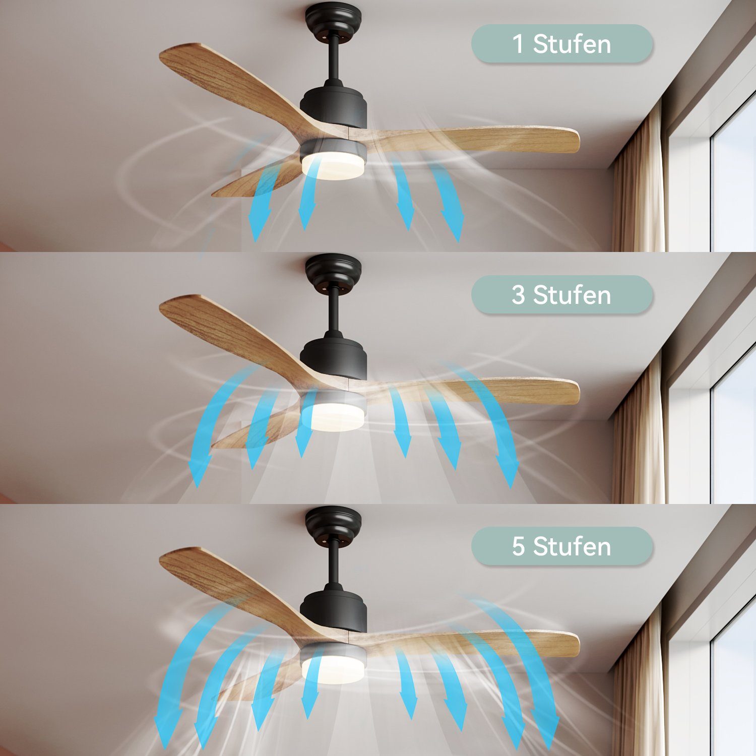 SONNI Deckenventilator Deckenventilator LED Licht Fernbedienung, Ø132cm mit Timer Holz Wohnzimmer, Matt Schwarz Fernbedienung