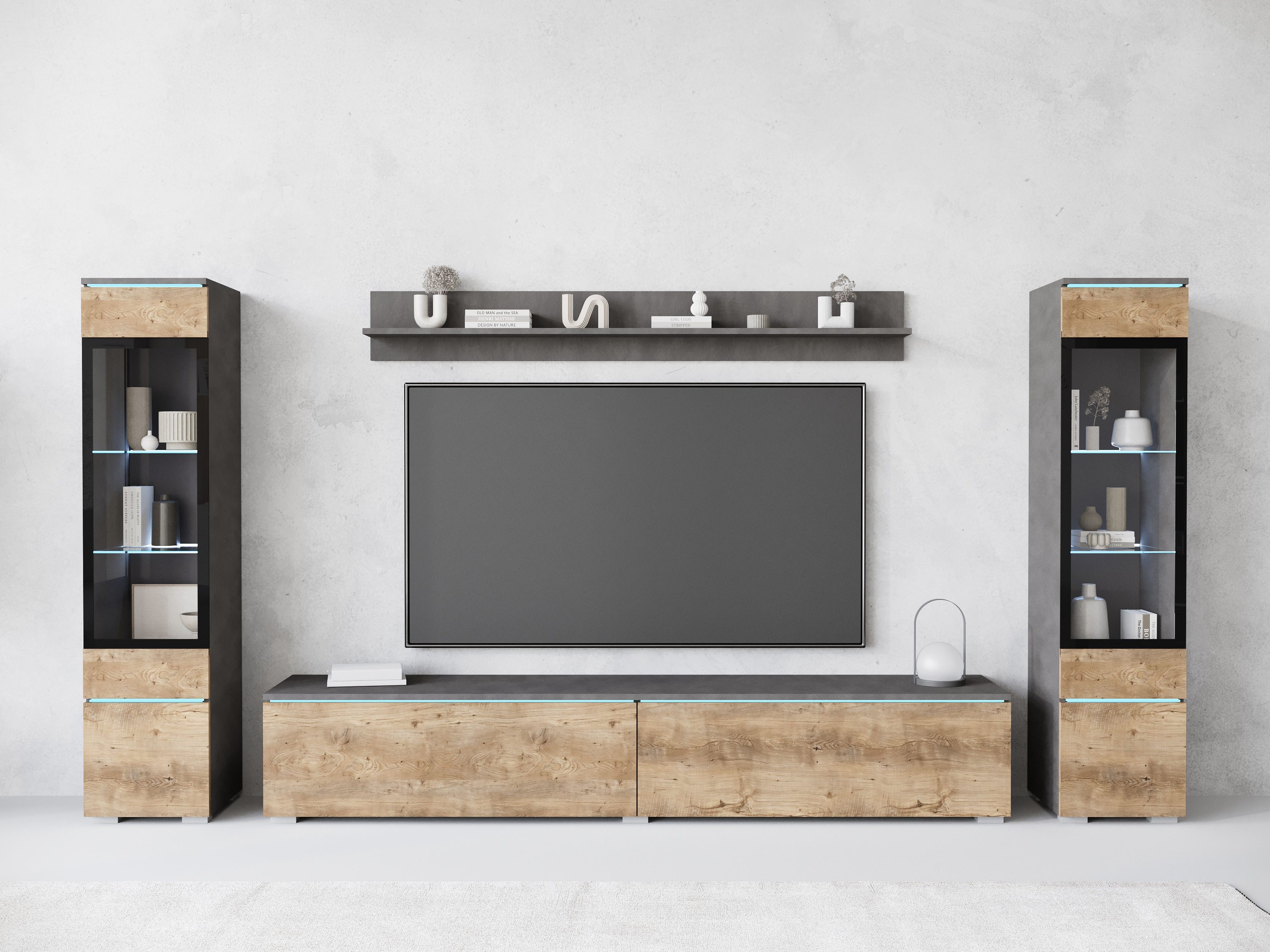 INOSIGN Wohnwand VERA II, Vitrinen Türanschlag wechselbar, (Komplett-Set, 4-St), Mediawand 260 cm, Vitrine mit Verglasung, stehend und hängend