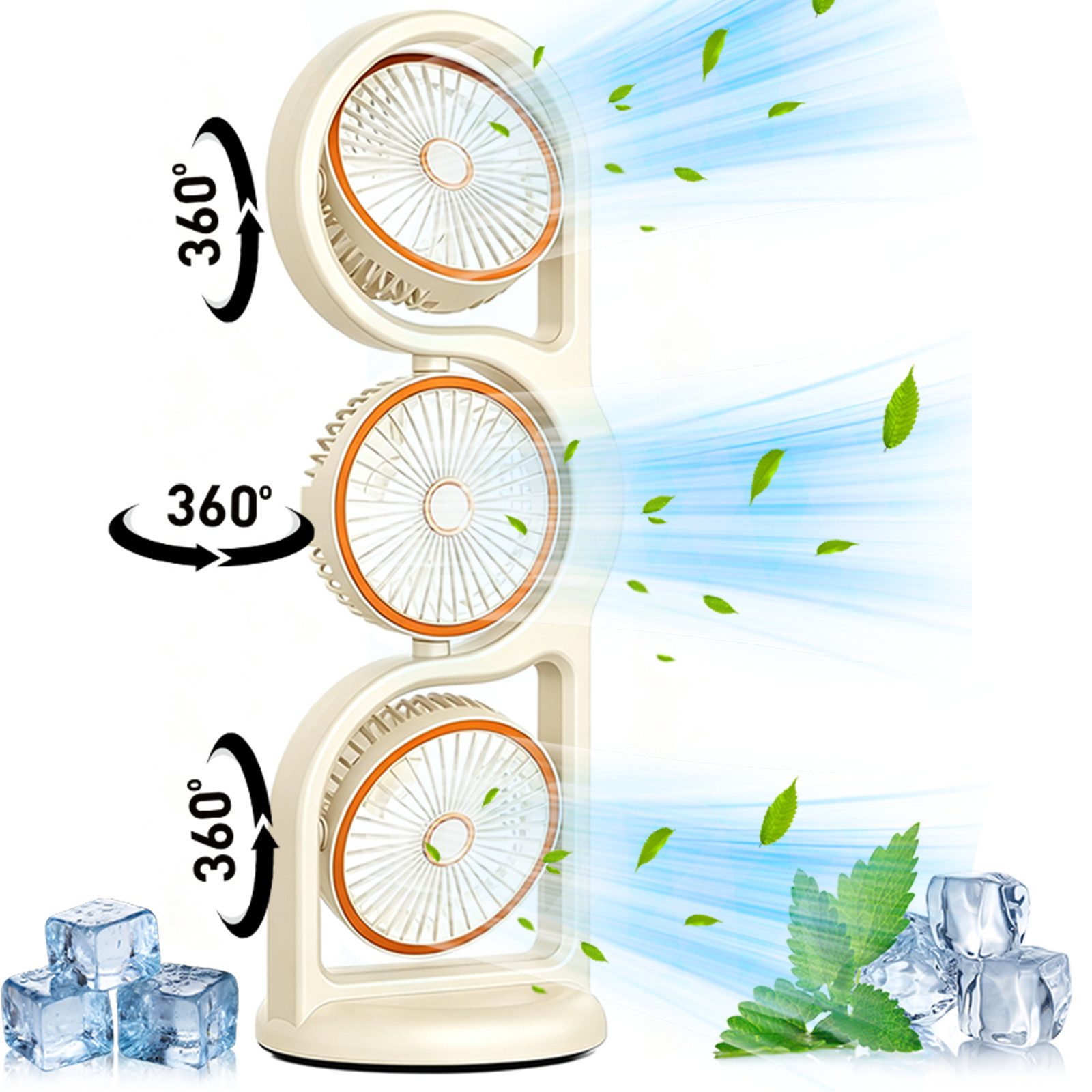 MOPUEA Standventilator 360° drehbarer 3-Kopf-Luftzirkulationsventilator USB-Tischventilator, 5 Stufen Standventilator Luftzirkulation Leiser Betrieb USB Aufladbar