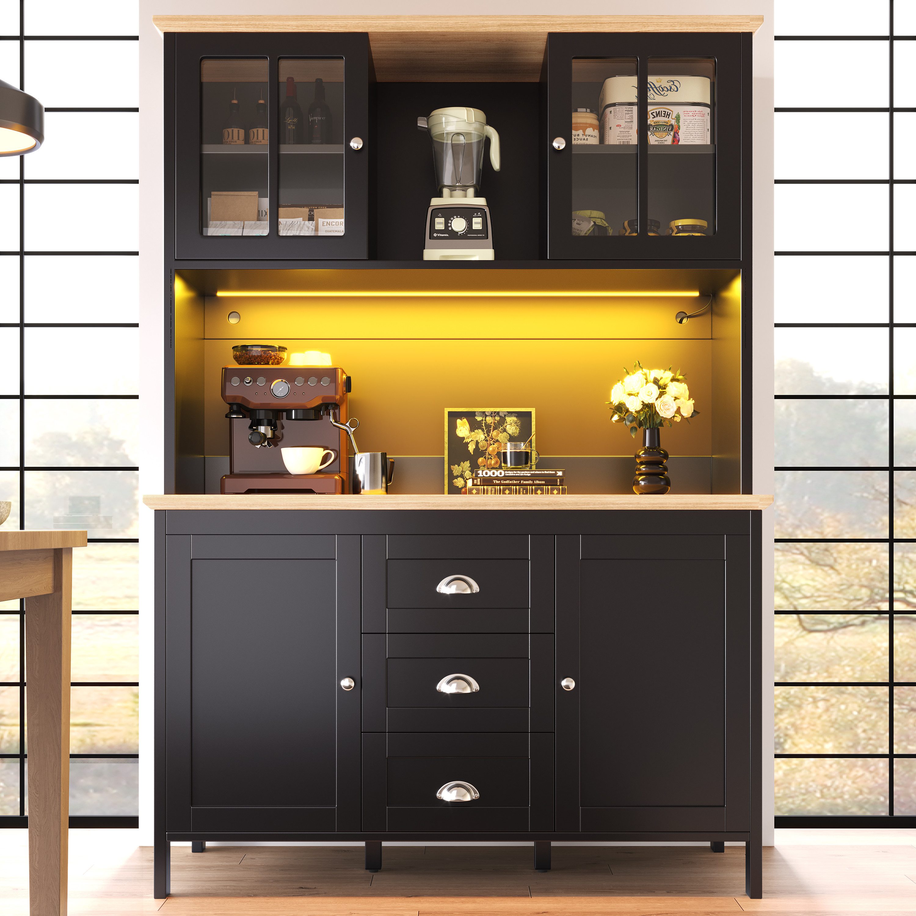 Flieks Küchenbuffet mit LED-Beleuchtung, Schubladen und Glastüren in Retro-Stil (1-St., B120/T40/H179 cm) Hochschrank Küchenschrank Geschirrschrank mit verstellbare Ablagen