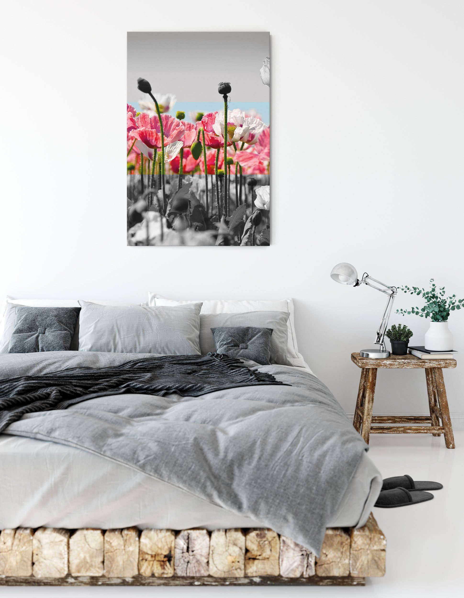 schwarz/weiß, Zackenaufhänger fertig (1 inkl. St), Mohnblumen Pixxprint Leinwandbild schwarz/weiß Blumenwiese Mohnblumen Leinwandbild bespannt, Blumenwiese