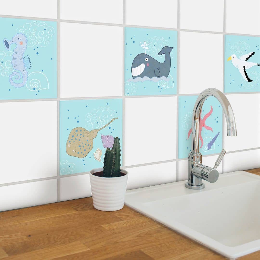 K&L Wall Art Fliesenaufkleber Klebefliese Sticker Set selbstklebend Ozean Fische Badezimmer