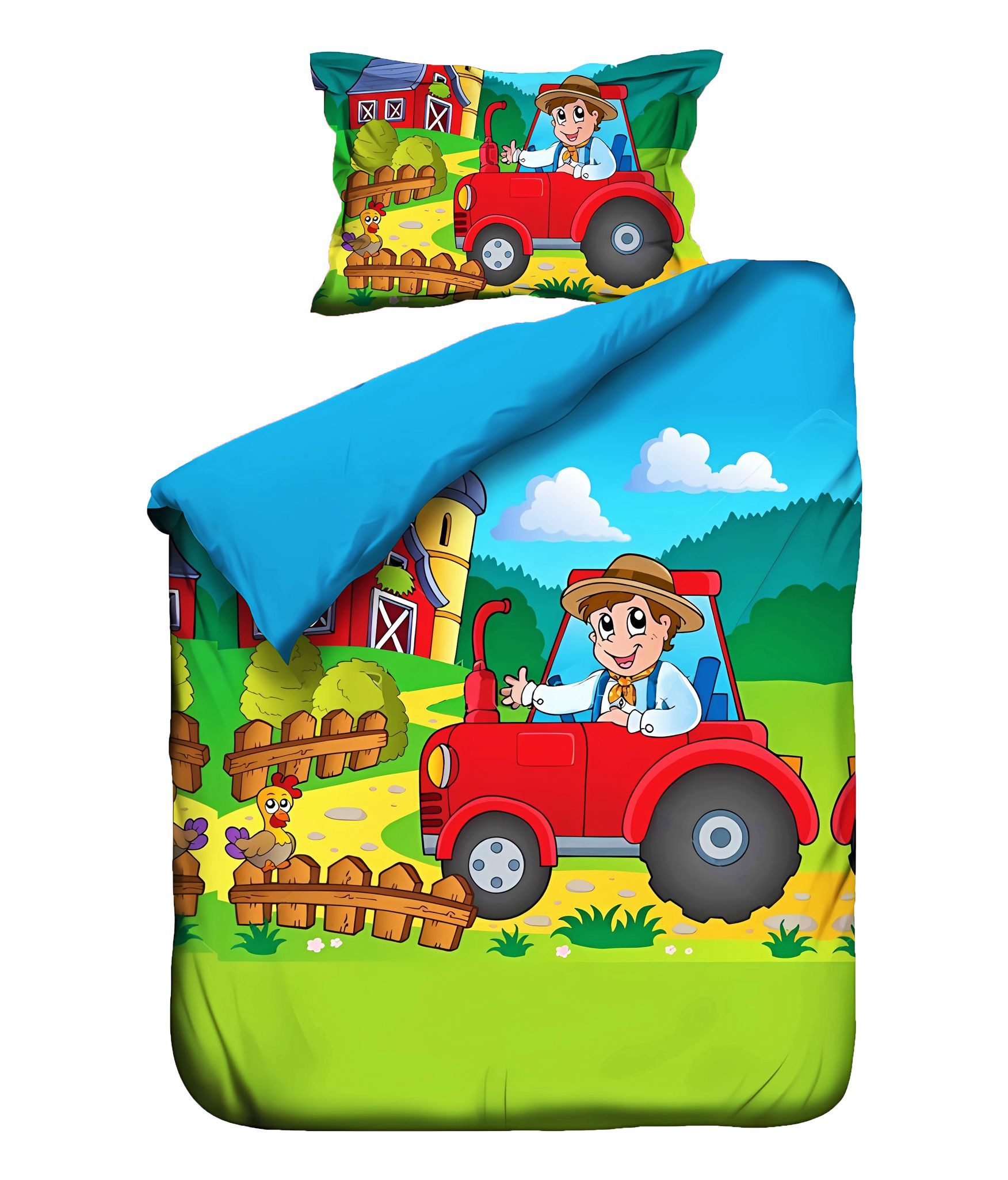 JACK Babybettwäsche 100x135cm Traktor Bauer Feld, Renforcé, 2 teilig, Babybettwäsche, fröhlicher Farmer, Reißverschluss