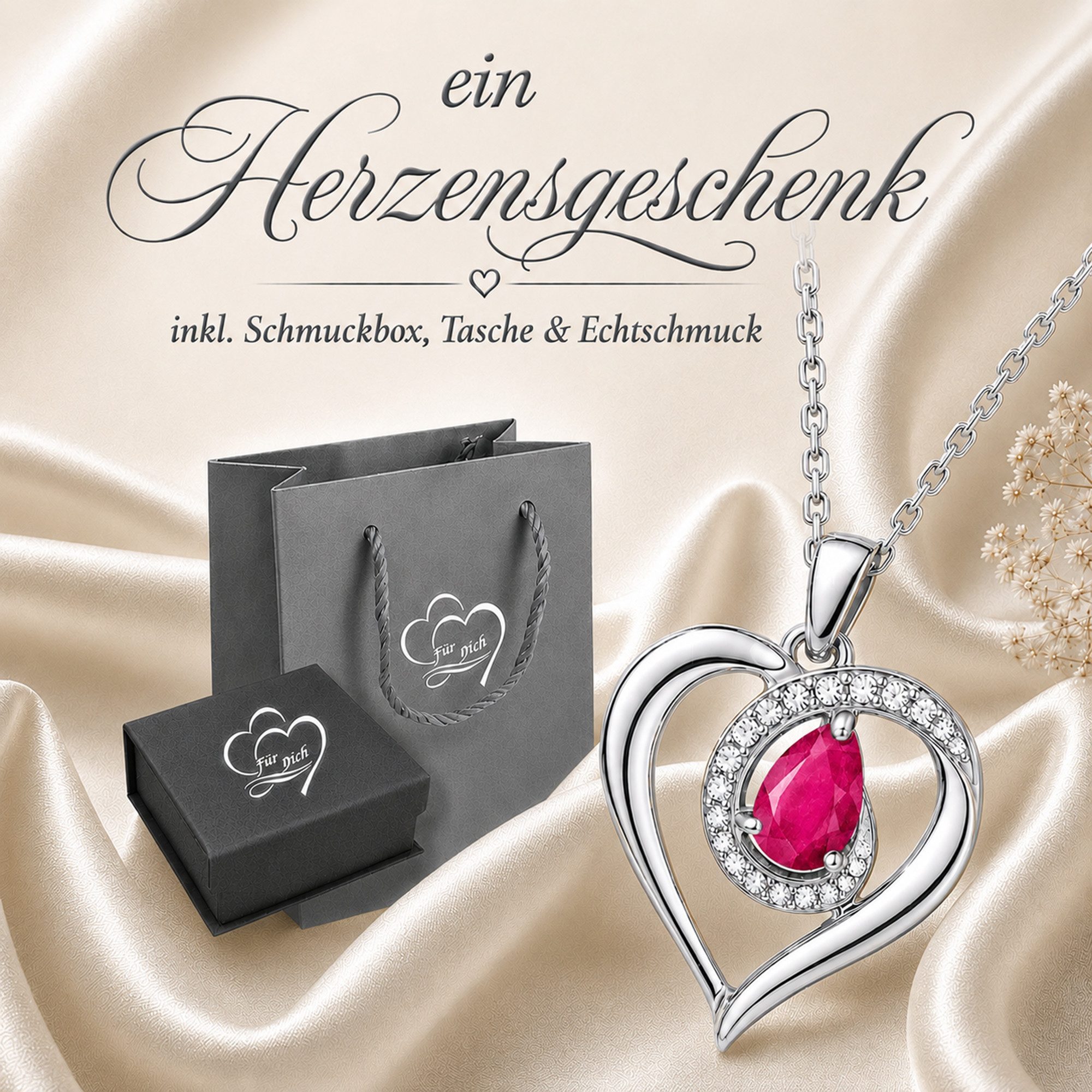 Limana Herzkette Tropfen Edelstein Schmuck Damen 925 Silber Halskette Geschenk Frau (nach Wahl Rubin Saphir Opal Silberkette inkl. Dose und Tasche), Geburtstag Jahrestag Hochzeitstag Weihnachten Muttertag Valentinstag