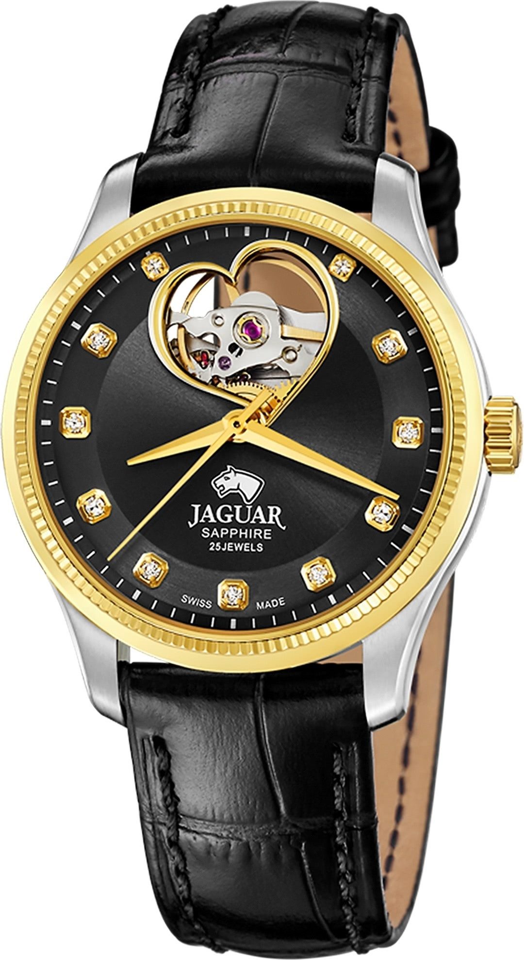 JAGUAR Quarzuhr Jaguar Damenuhr Leder schwarz Jaguar Coeur, (Analoguhr), Damen Armbanduhr rund, Lederarmband schwarz