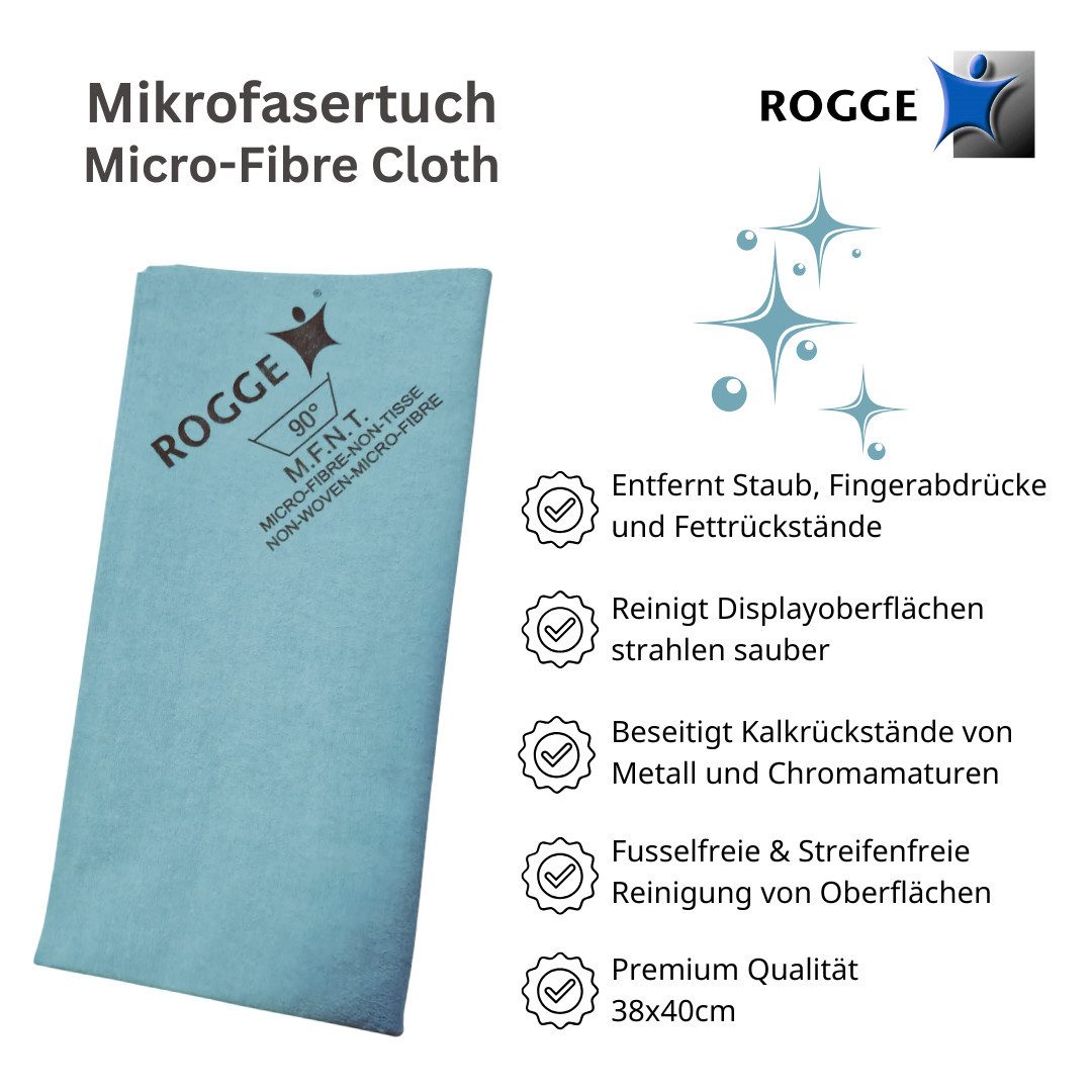 Rogge 5er Pack ROGGE Professional Microfasertücher, 38x40cm Bildschirmreinigungstuch (Set, Spar-Set, 5-tlg., 5x Microfasertücher 38x40cm, blau, Streifenfreie Reinigung dank patentierter Microfaser)