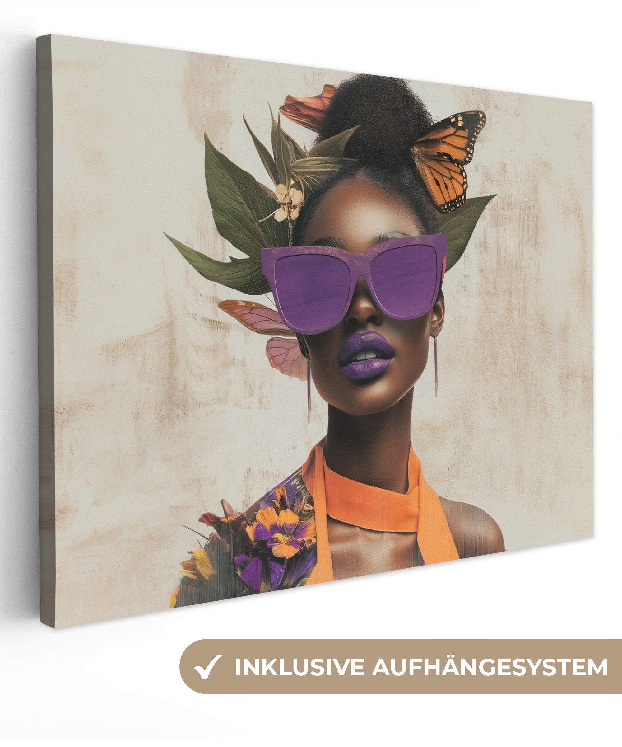 OneMillionCanvasses® Leinwandbild Frau - Sonnenbrille - Schmetterling - Blumen, Fotodruck (1 St), Wandbild Leinwandbilder, Aufhängefertig, Wanddeko 40x30 cm