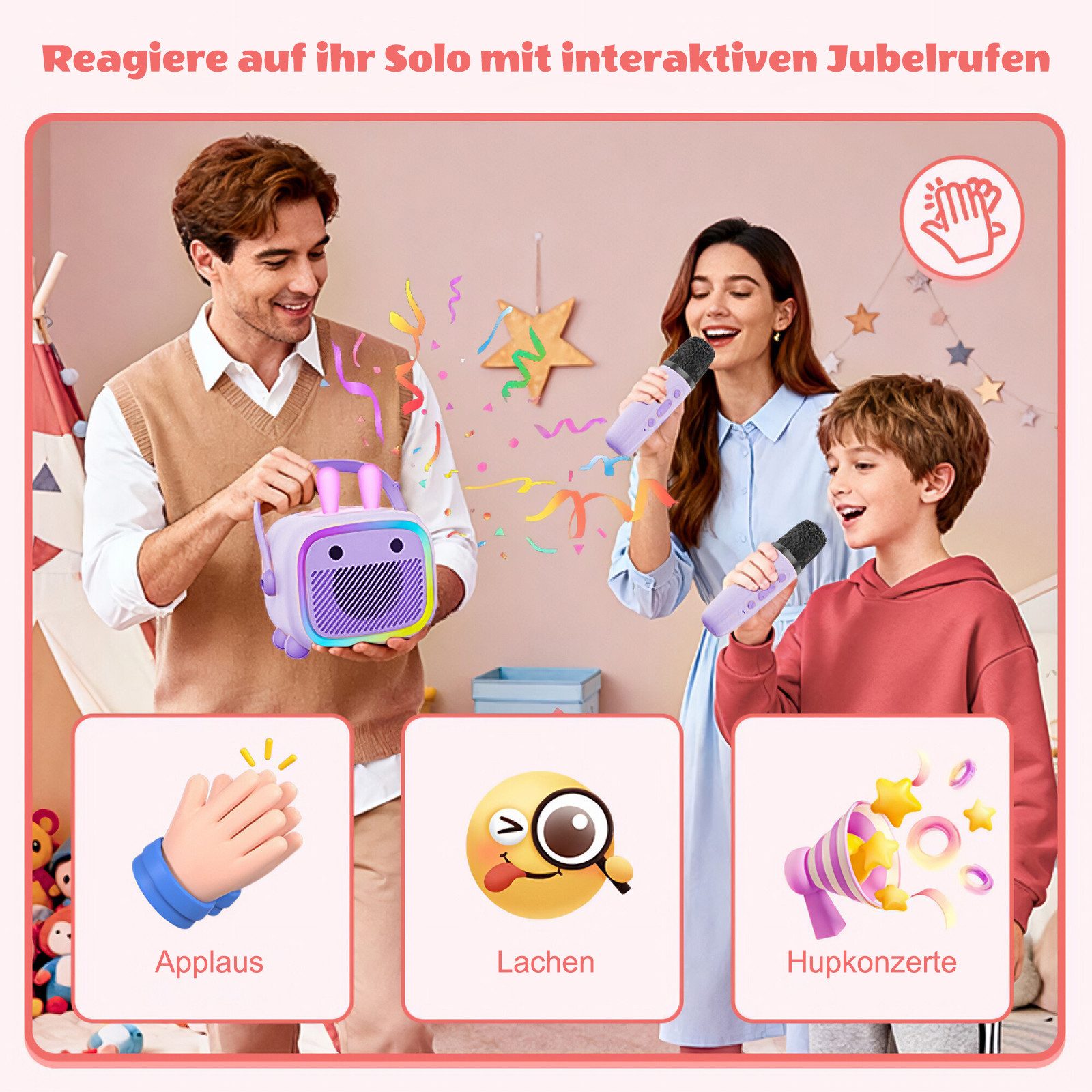 BBG Karaoke-Set für Kinder mit kabellosem Mikrofon & lustigem Design Karaoke-Maschine (5 W, Tragbarer Bluetooth-Lautsprecher mit Lichtshow und Stimmverzerrer)
