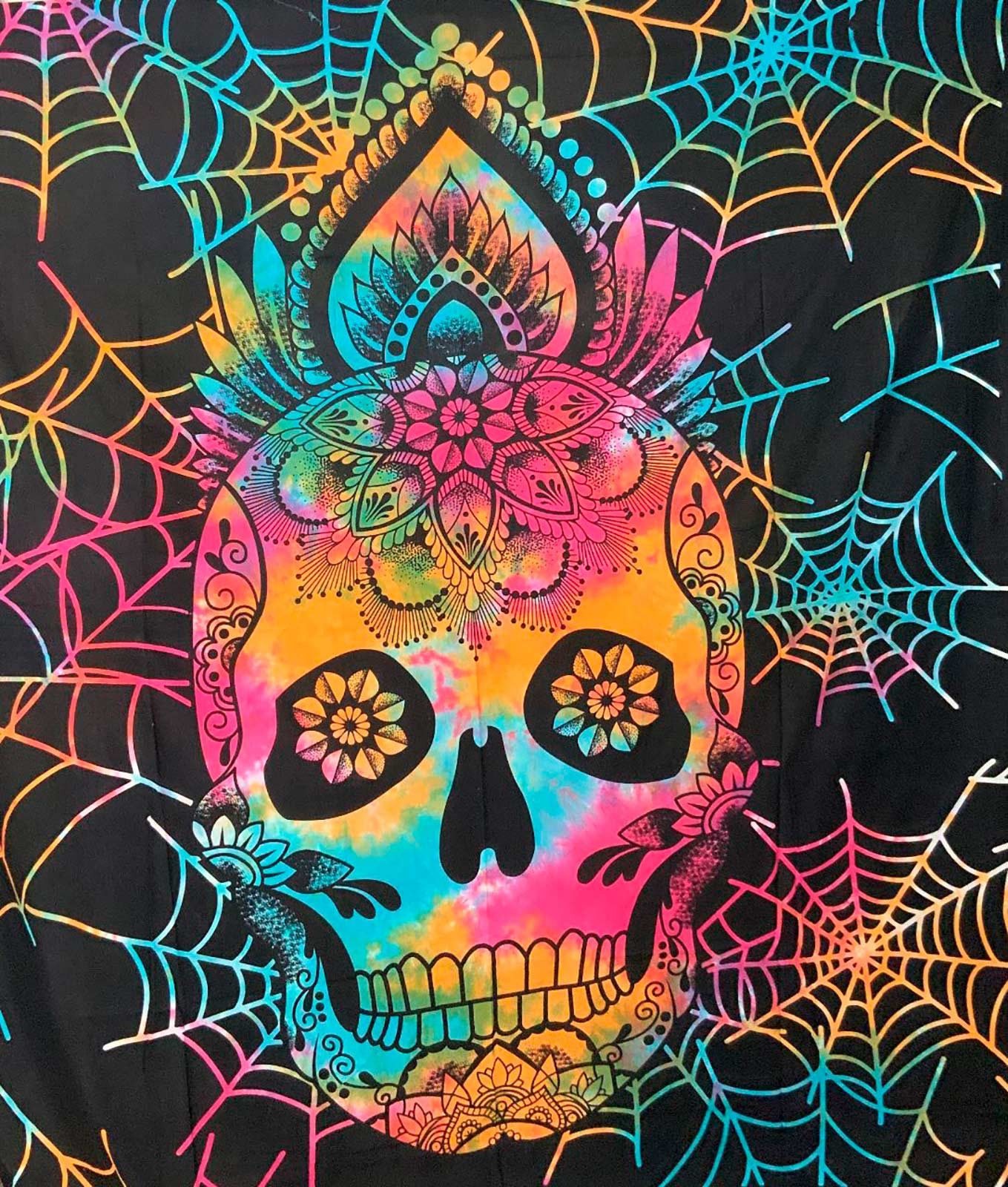 KUNST UND MAGIE Wandteppich Tagesdecke Wandbehang La Catrina Deko Tuch Sugar Skull Tattoo Bunt XL