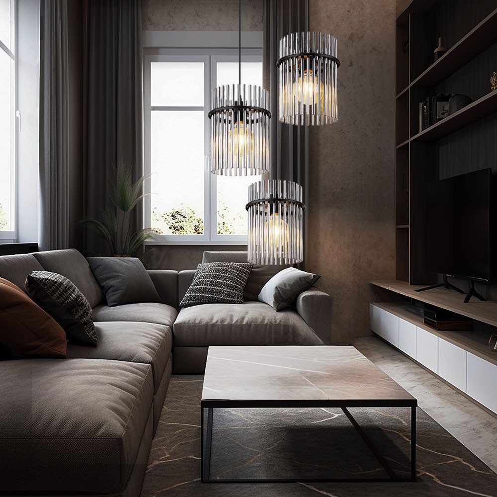 GLOBO LIGHTING LED Pendelleuchte, Leuchtmittel inklusive, Warmweiß, Pendellampe Wohnzimmerleuchte 3x LED Glasstäbe rauchfarben H 140 cm