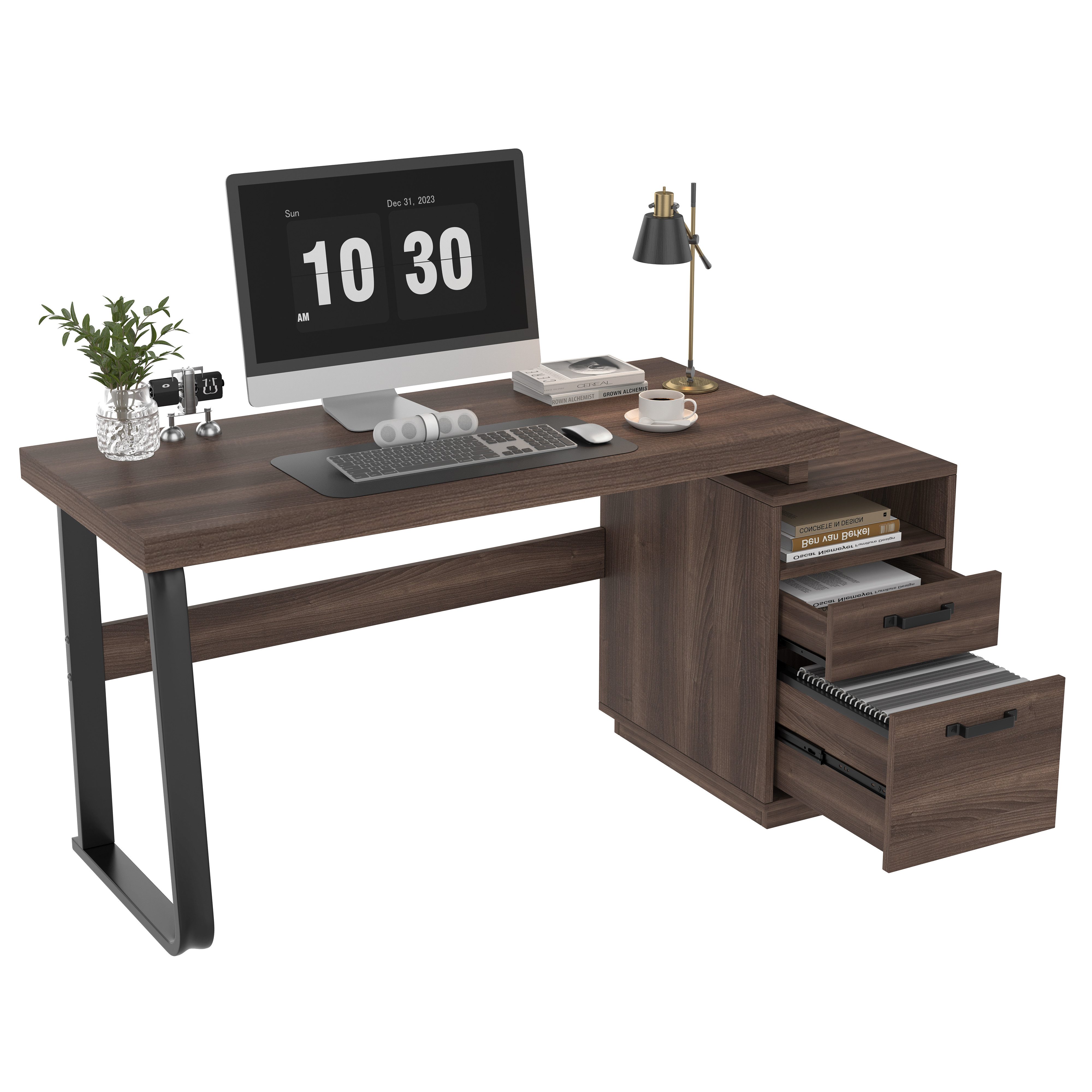 MODFU Schreibtisch Einfacher Büroschreibtisch (Moderner Schreibtisch aus MDF mit Stahlrohr, Geräumige Arbeitsfläche, Geräuschlose Schublade., 135 x 54 x 76cm)