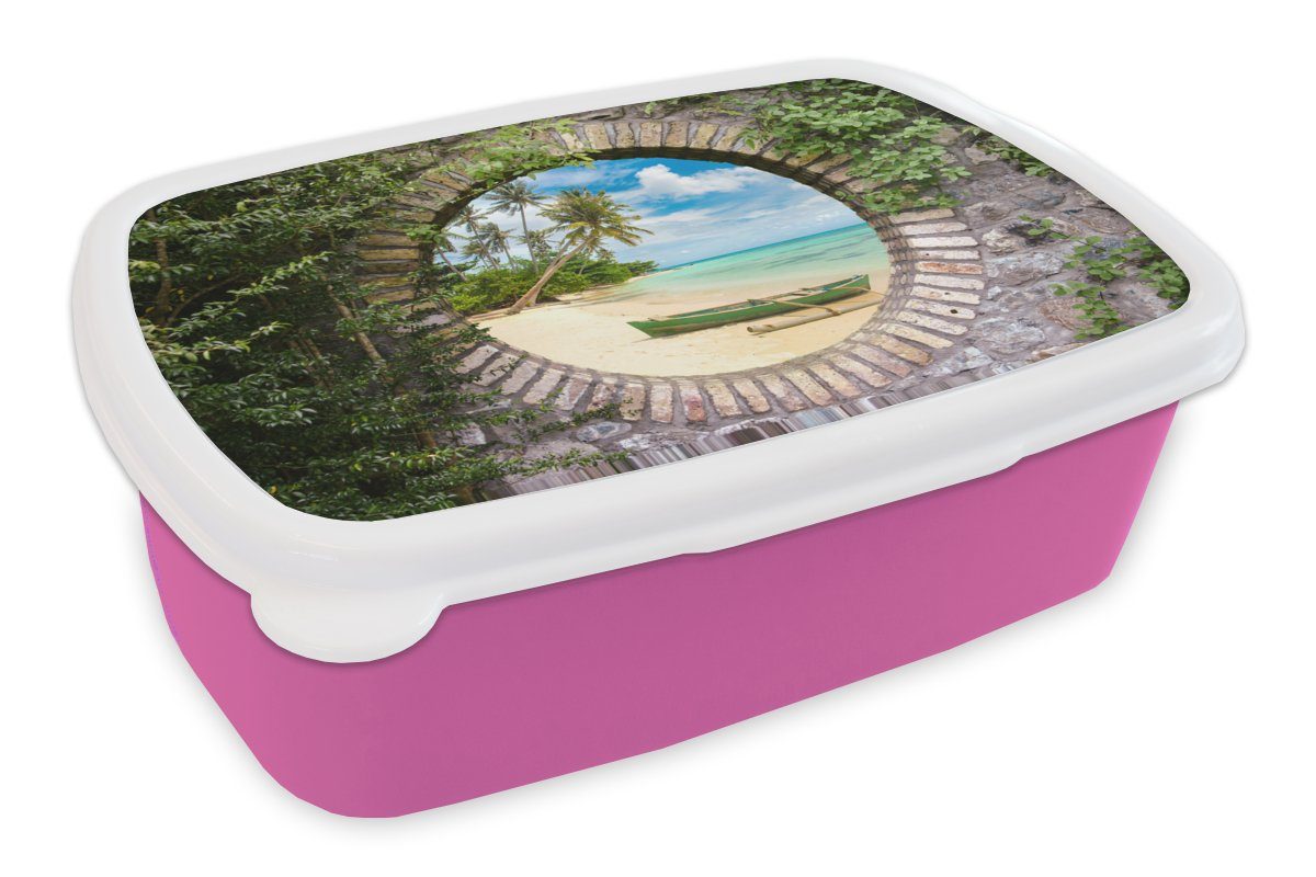 MuchoWow Lunchbox Strand - Palme - Aussicht - Kanu, Kunststoff, (2-tlg), Brotbox für Erwachsene, Brotdose Kinder, Snackbox, Mädchen, Kunststoff rosa