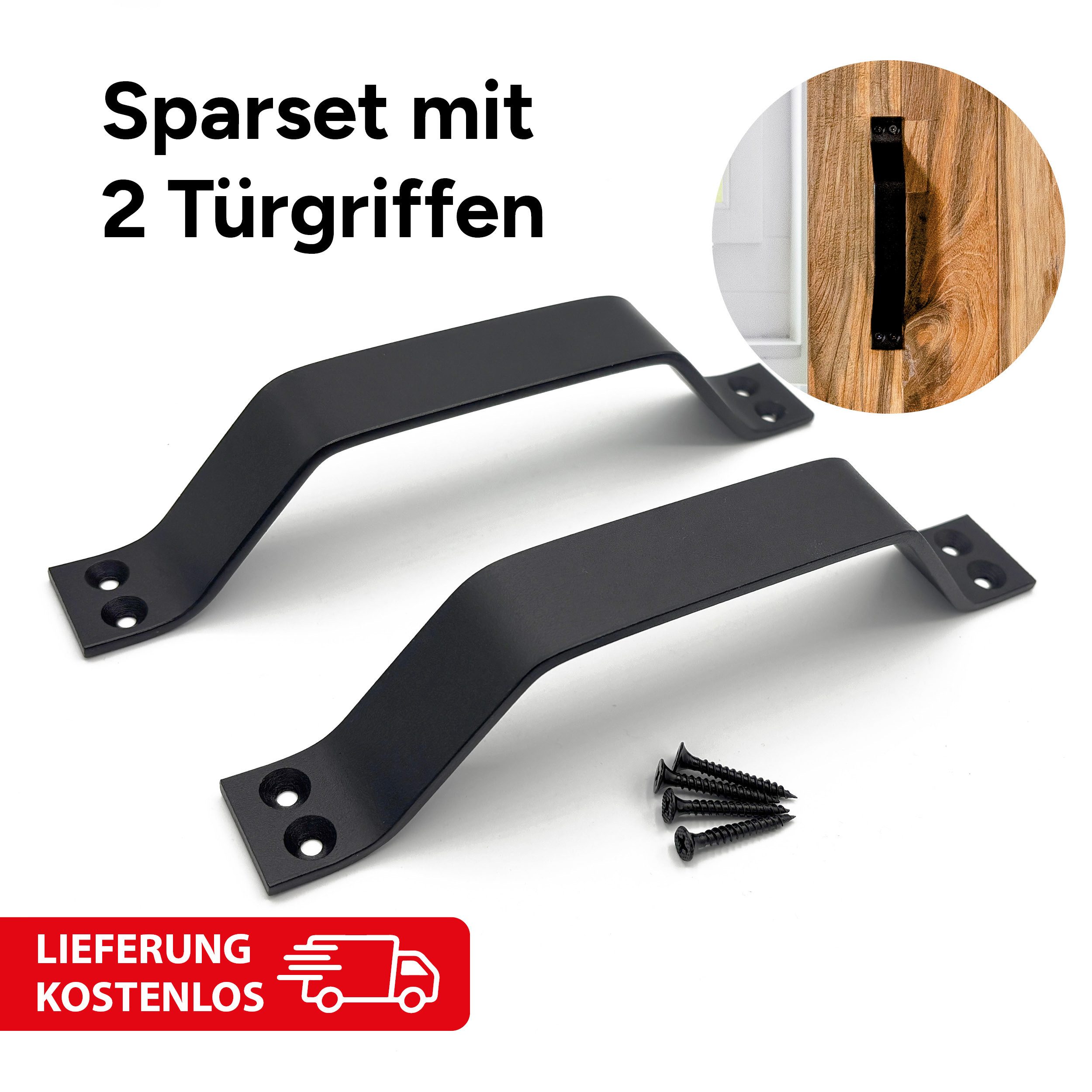 INDO Türbeschlag Scheunentorgriff, Stahl, Vorschraubgriff, Schiebetür Handgriff (Spar-Set mit 2 Türgriffen, Versandkostenfreie Lieferung, 10 St., 2 Türgriffe pro Set inkl. passender schwarzer Schrauben), Hochwertiger Stahl, 2 Türgriffe im Set inkl. Schrauben