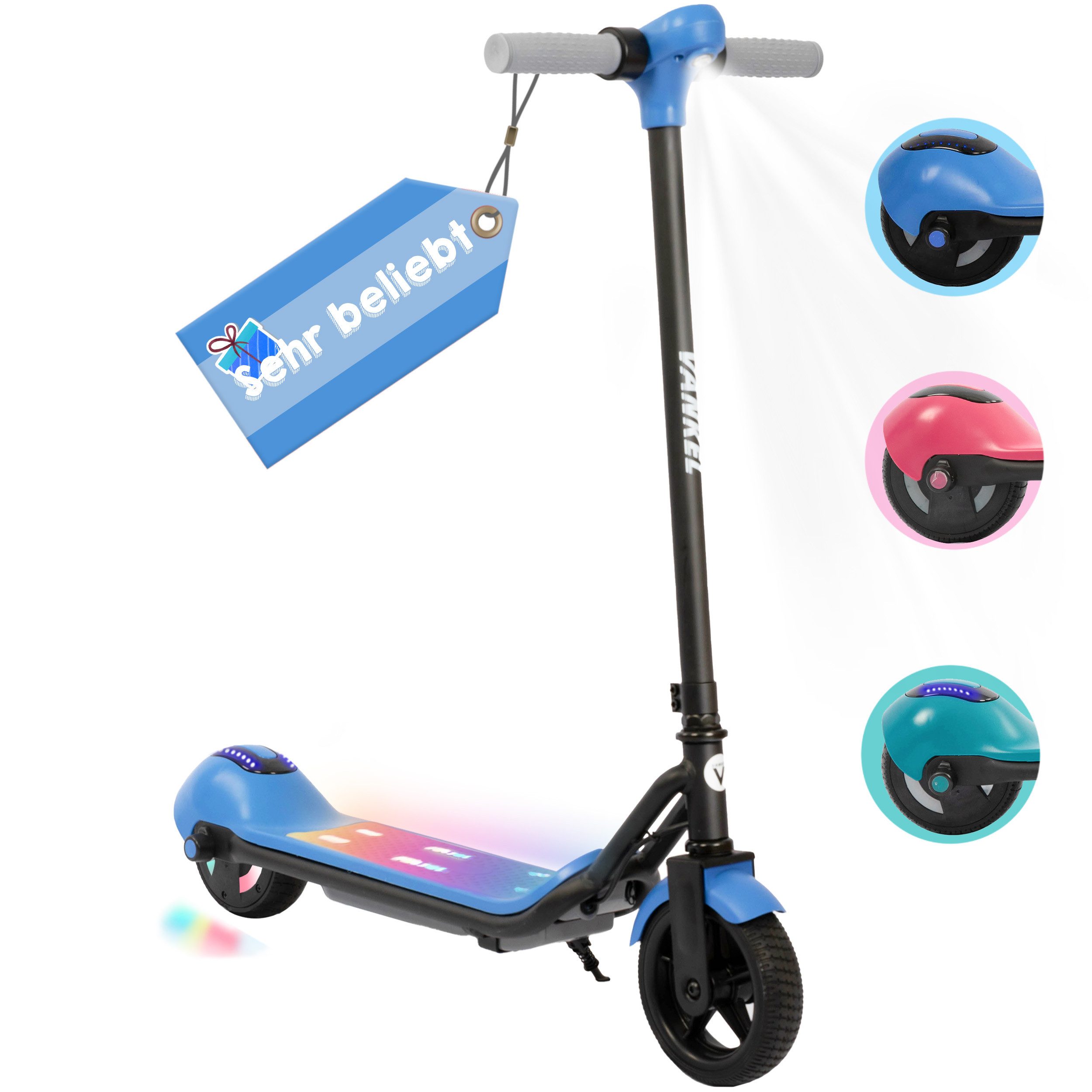 Vankel Elektro-Kinderroller E Scooter für Kinder, Cityroller 14 km/h, Bluetooth & Bunte Lichter, 5-9km, E-Bremse, sicherer Fahrspaß für Kinder ab 6 Jahren
