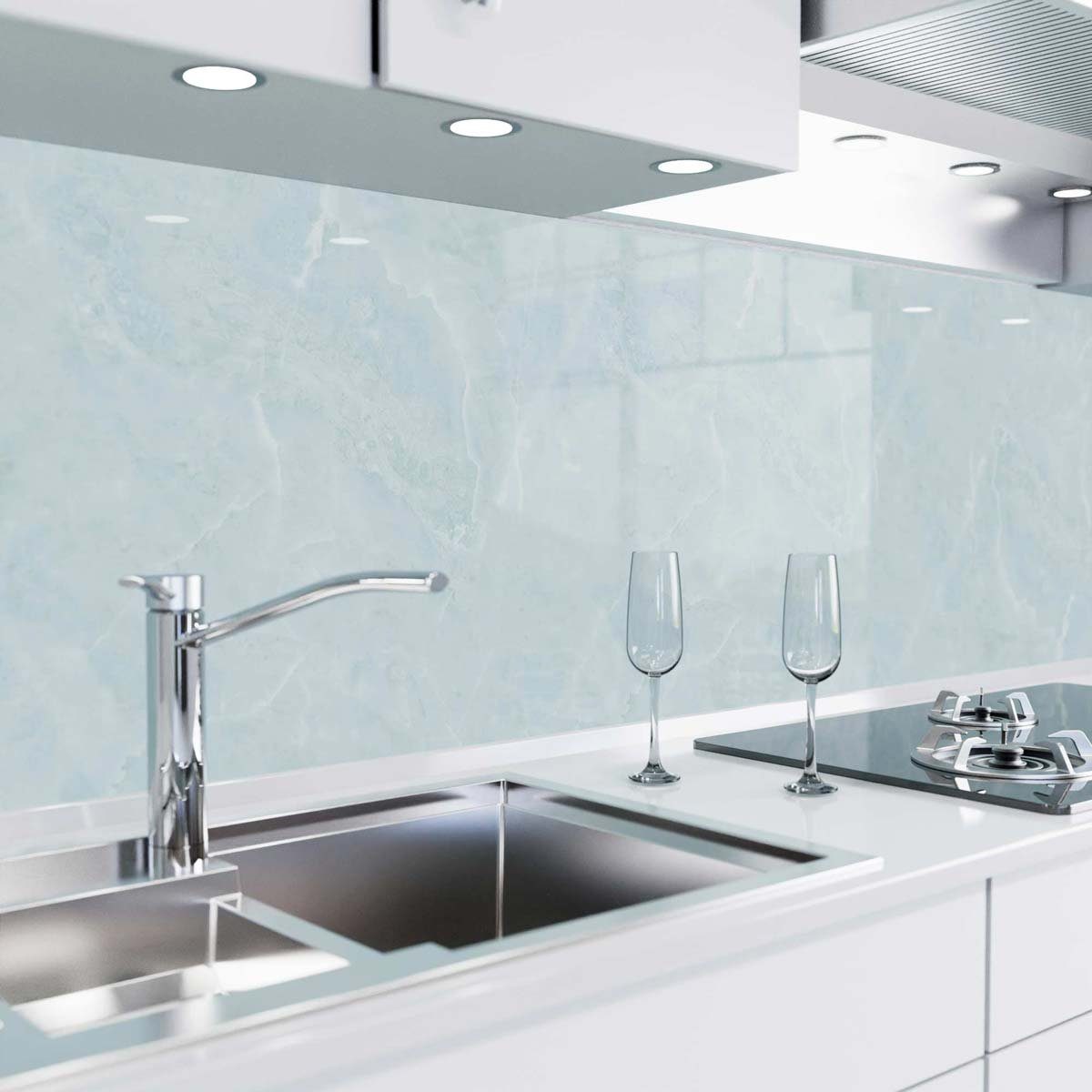 danario Küchenrückwand selbstklebend - Glasoptik - Spritzschutz Küche - versteifte PET Folie Marmor blau
