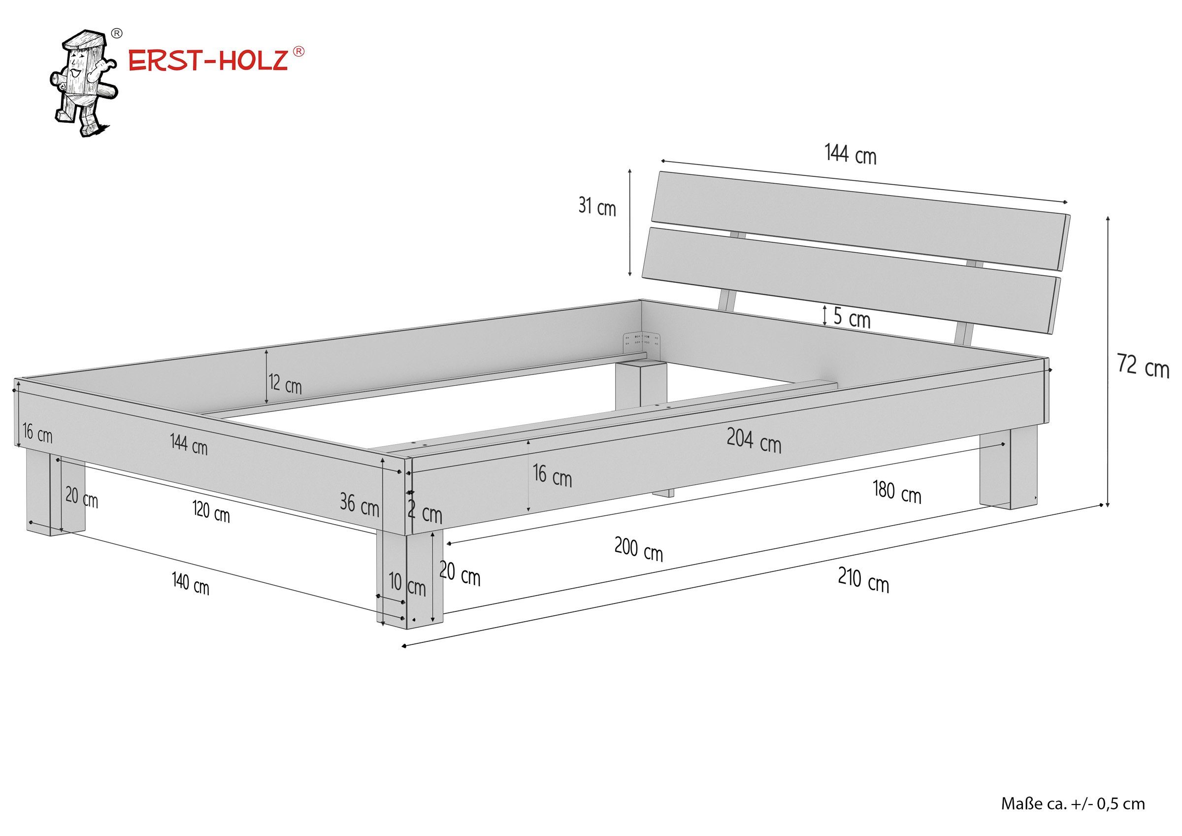 ERST-HOLZ Buche lackiert Doppelbett mit 140x200 Rollrost, massiv Bett Buchefarblos