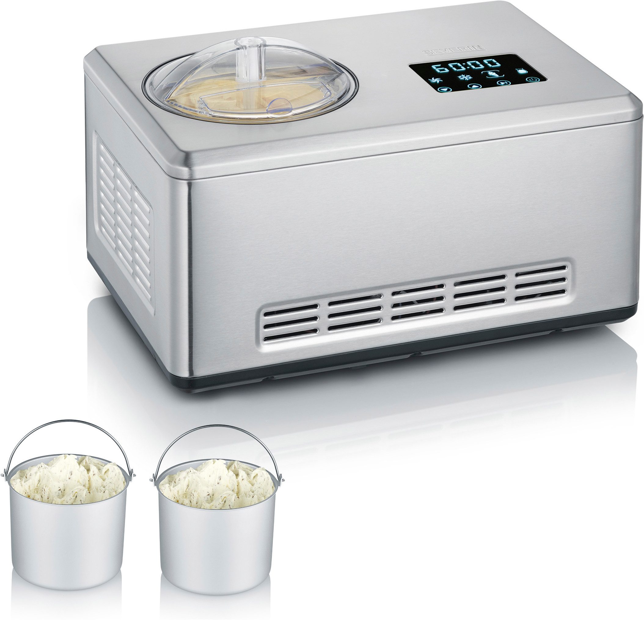 Severin Eismaschine EZ 7406, 2 l, 180 W, inkl. zwei großer Eisbehälter und hochwertigem Volledelstahl-Gehäuse