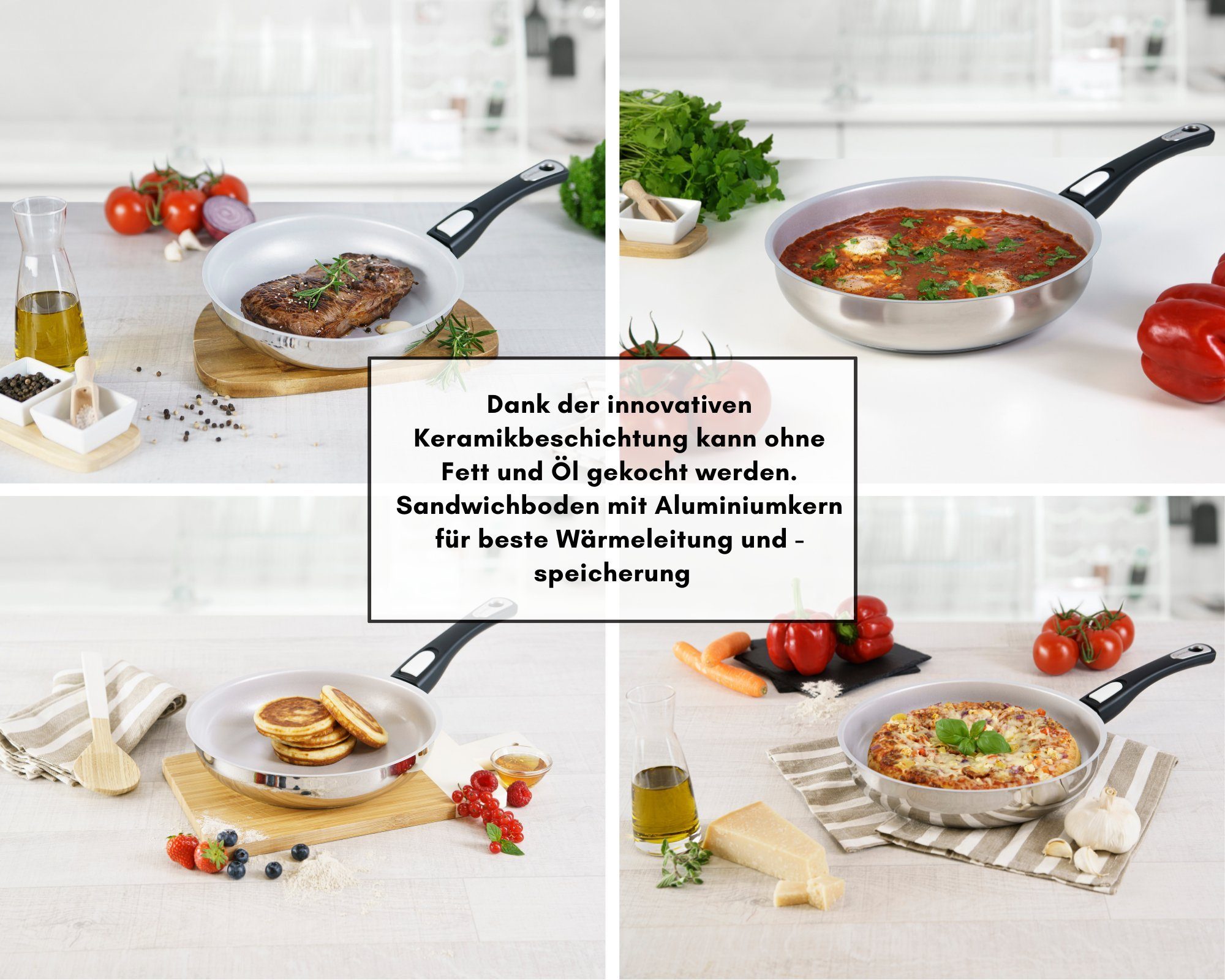 Genius Bratpfanne Cerafit Steel Pfanne 24 cm mit Antihaftbeschichtung Induktion, Edelstahl (1 Bratpfanne 1 Deckel)
