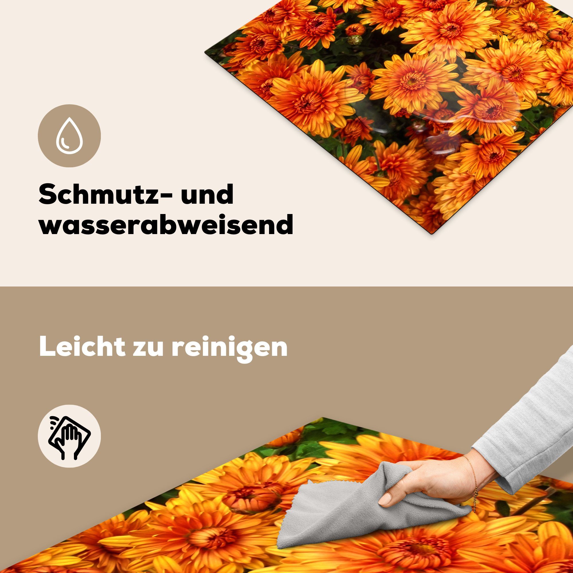 Blumen cm, tlg), Vinyl, die - 59x52 Orange Induktionsmatte Ceranfeldabdeckung MuchoWow Herdblende-/Abdeckplatte küche, - für (1 Chrysantheme,