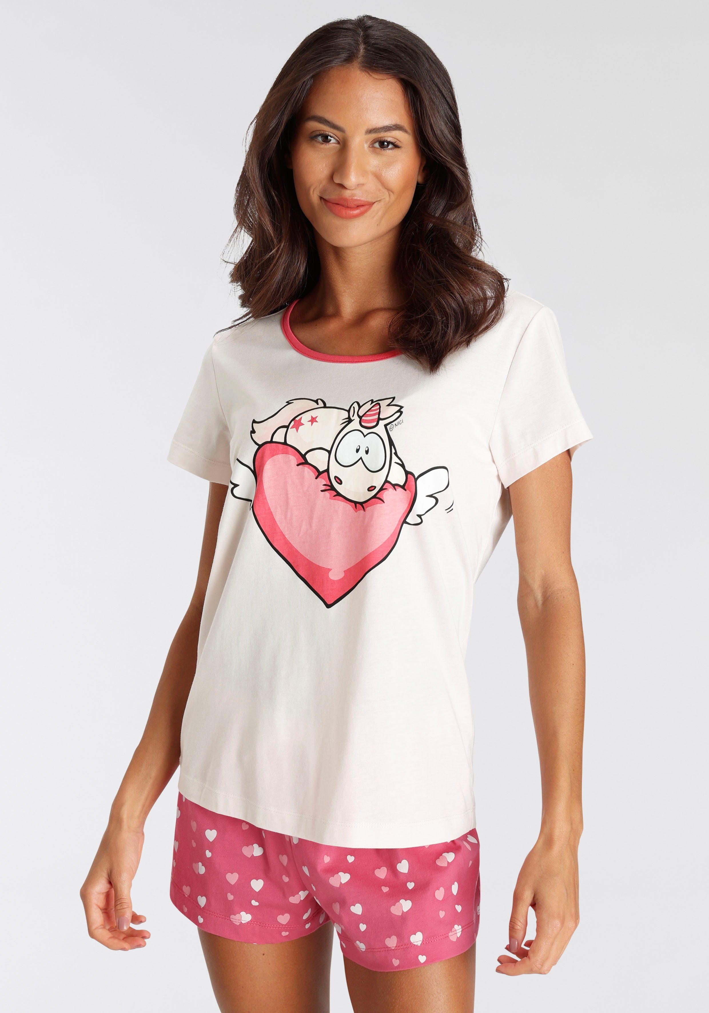 Nici Pyjama (2 tlg) mit Comic-Print, Kurzarmshirt mit kontrastfarbener  Paspel am Rundhalsausschnitt und Frontdruck