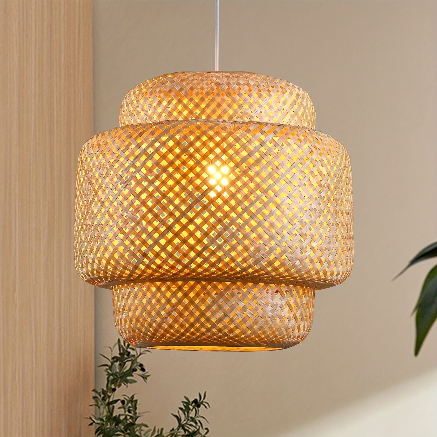 JDONG Pendelleuchte BambusHängeleuchte Rattan Lampenschirm Boho Vintage 30*34cm, E27 Bambus Dekor für Küche, Glühbirne nicht im Lieferumfang enthalten