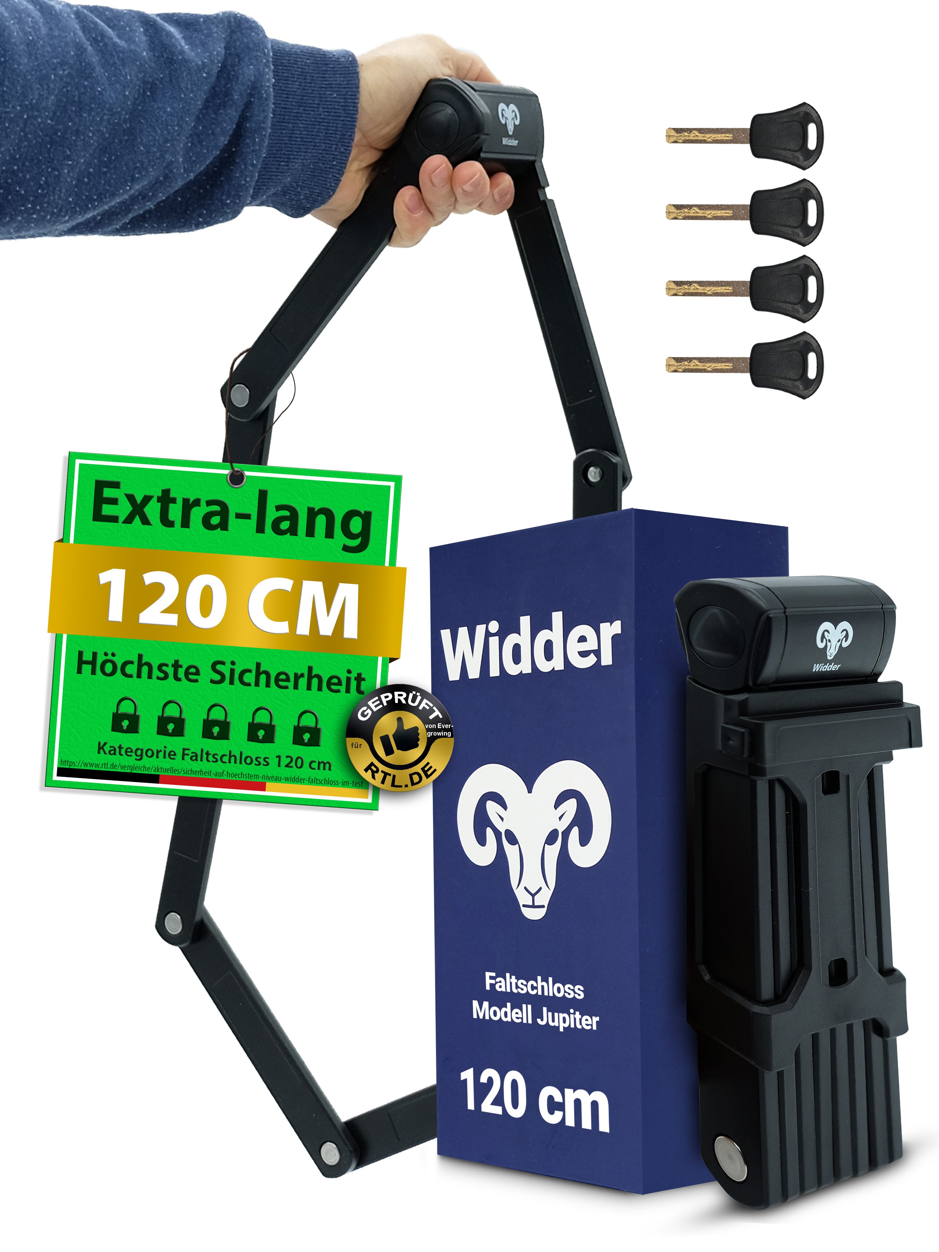 Widder Faltschloss [120cm extra-lang] Fahrradschloss für E-Bike & Fahrrad mit Halterung, 4 Schlüssel • Sicherheitsstufe 15 • Flexible Halterung