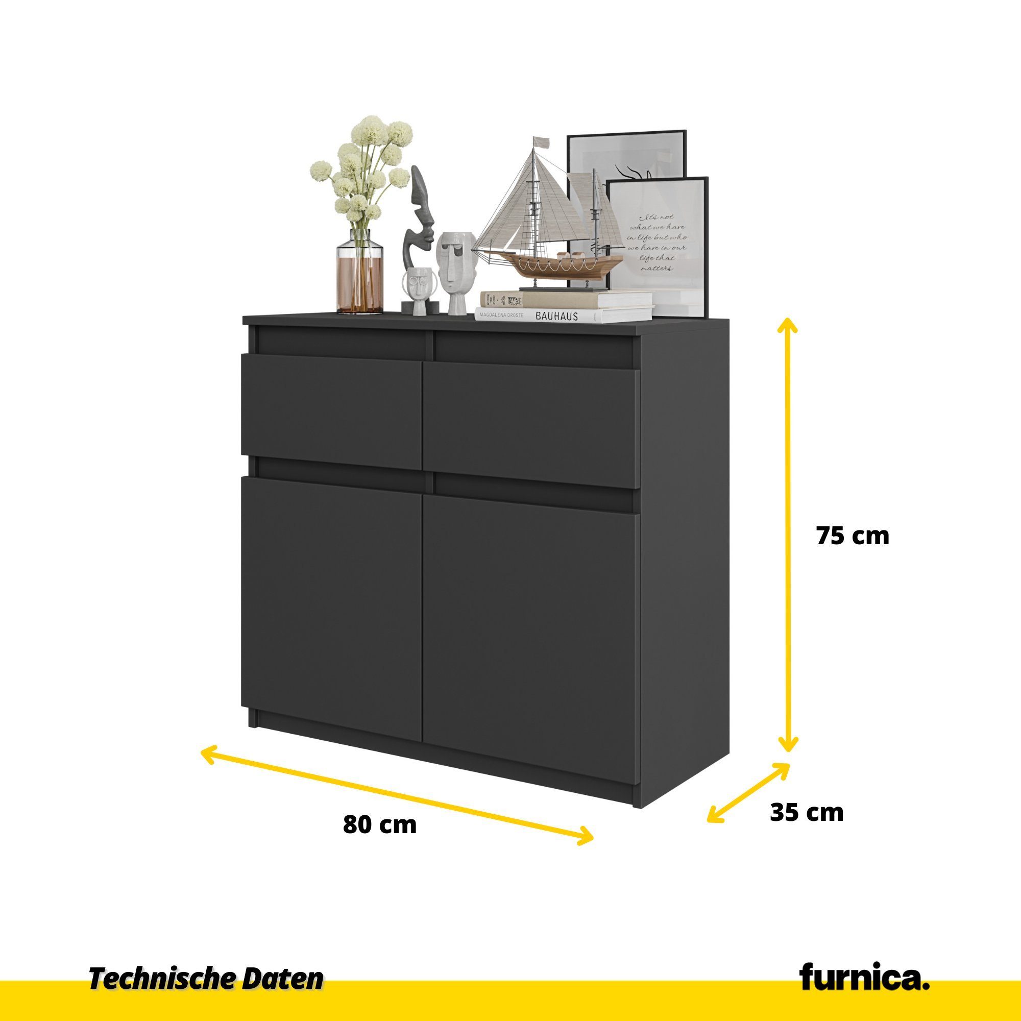 Furnica Kommode NOAH 2 Schubladen und 2 Türen - Anthrazit Grau H75cm B80cm T35cm – Bild 2 von 5