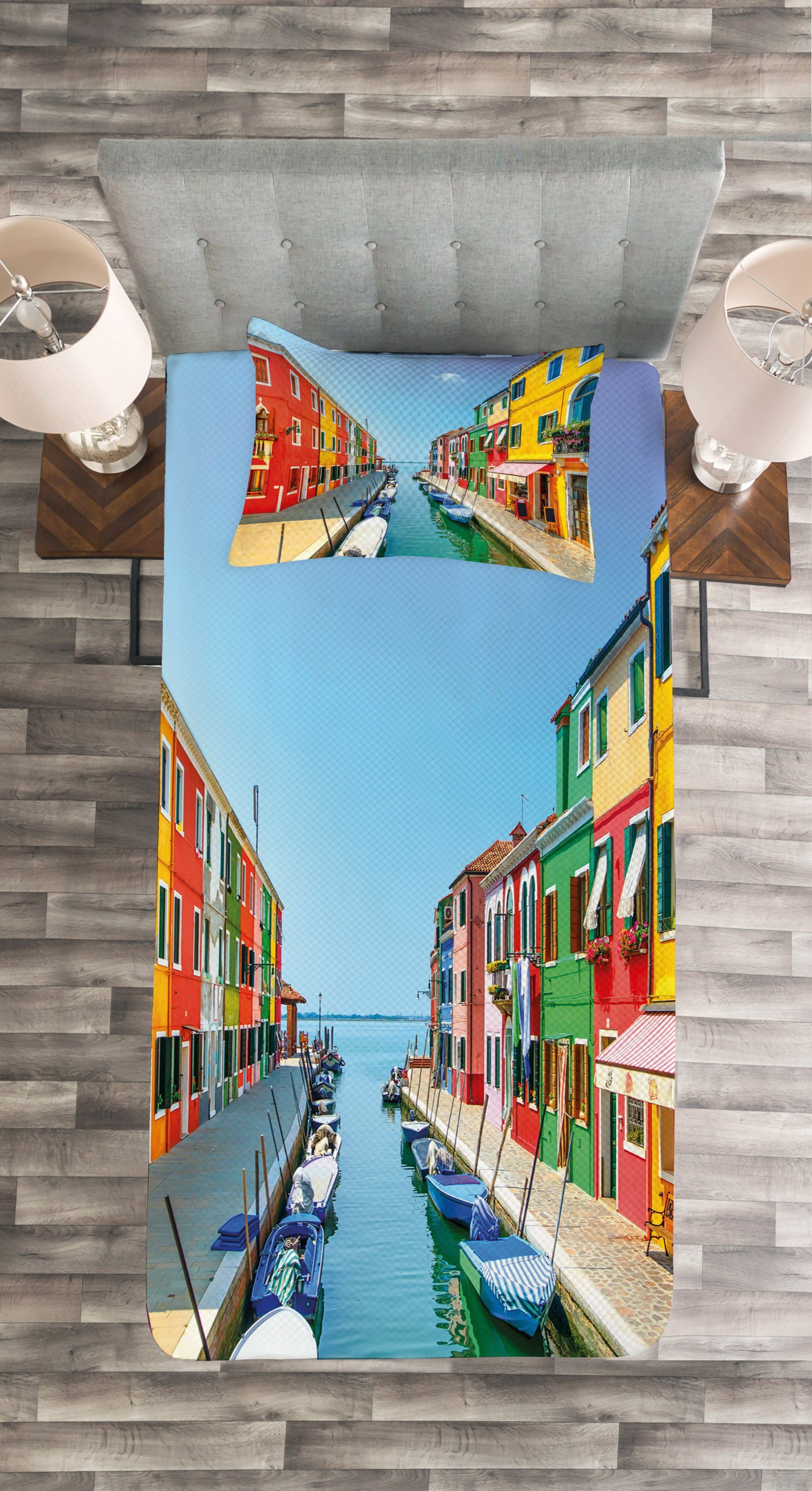 Set Bunt Tagesdecke Italien mit Abakuhaus, Kanal Waschbar, in Kissenbezügen und Häuser