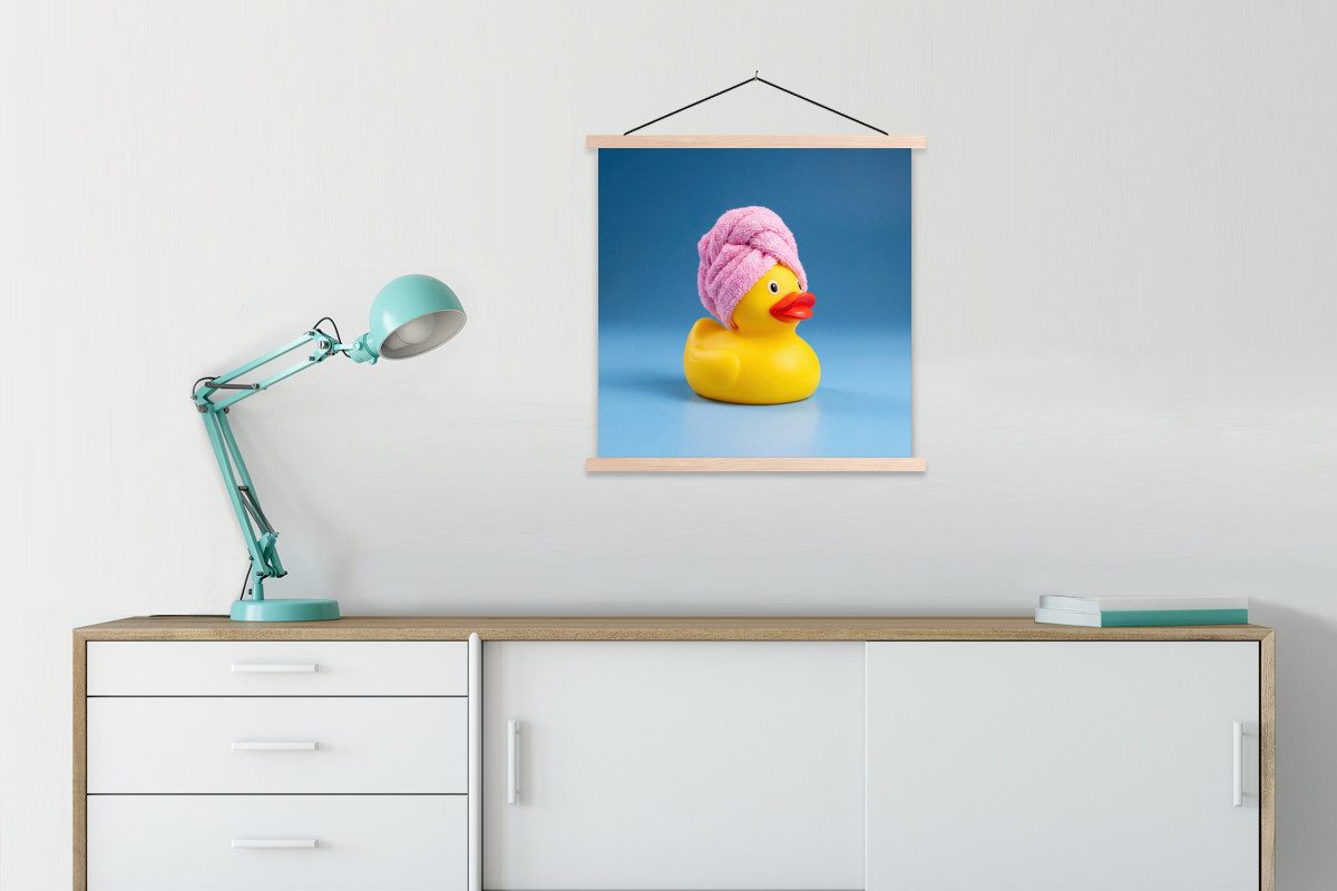 MuchoWow Poster Gummi-Ente - Handtuch - Blau, (1 St), Posterleiste, Textilposter für Wohnzimmer, Bilderleiste, 90x90 cm