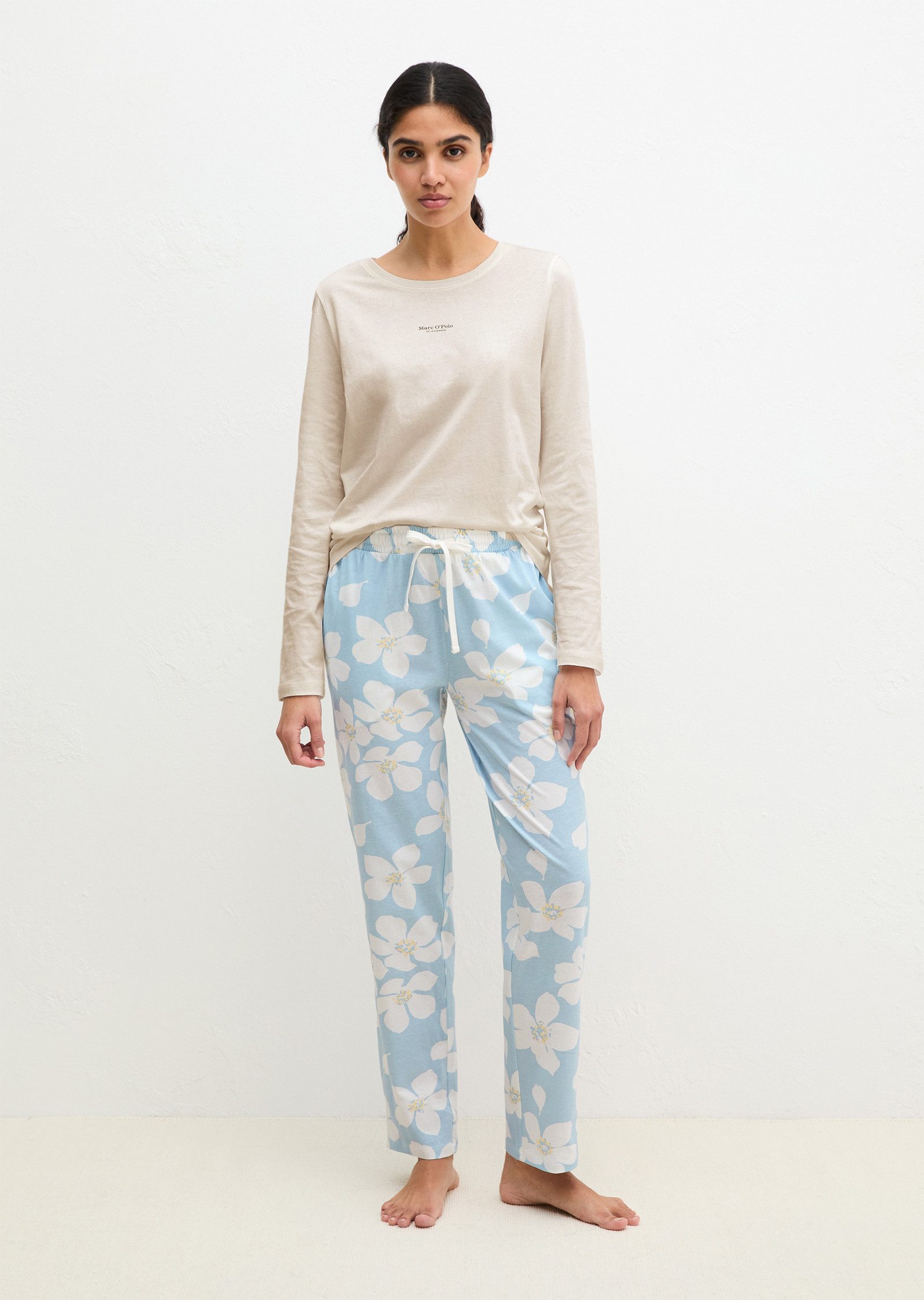 Marc O'Polo Pyjamahose Mix N Match Cotton mit floralem Print, Gummizug und Bindeband