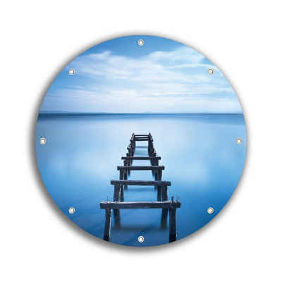 Wallario Sichtschutzzaunmatten Rustikaler Holzsteg im blauen See, rund