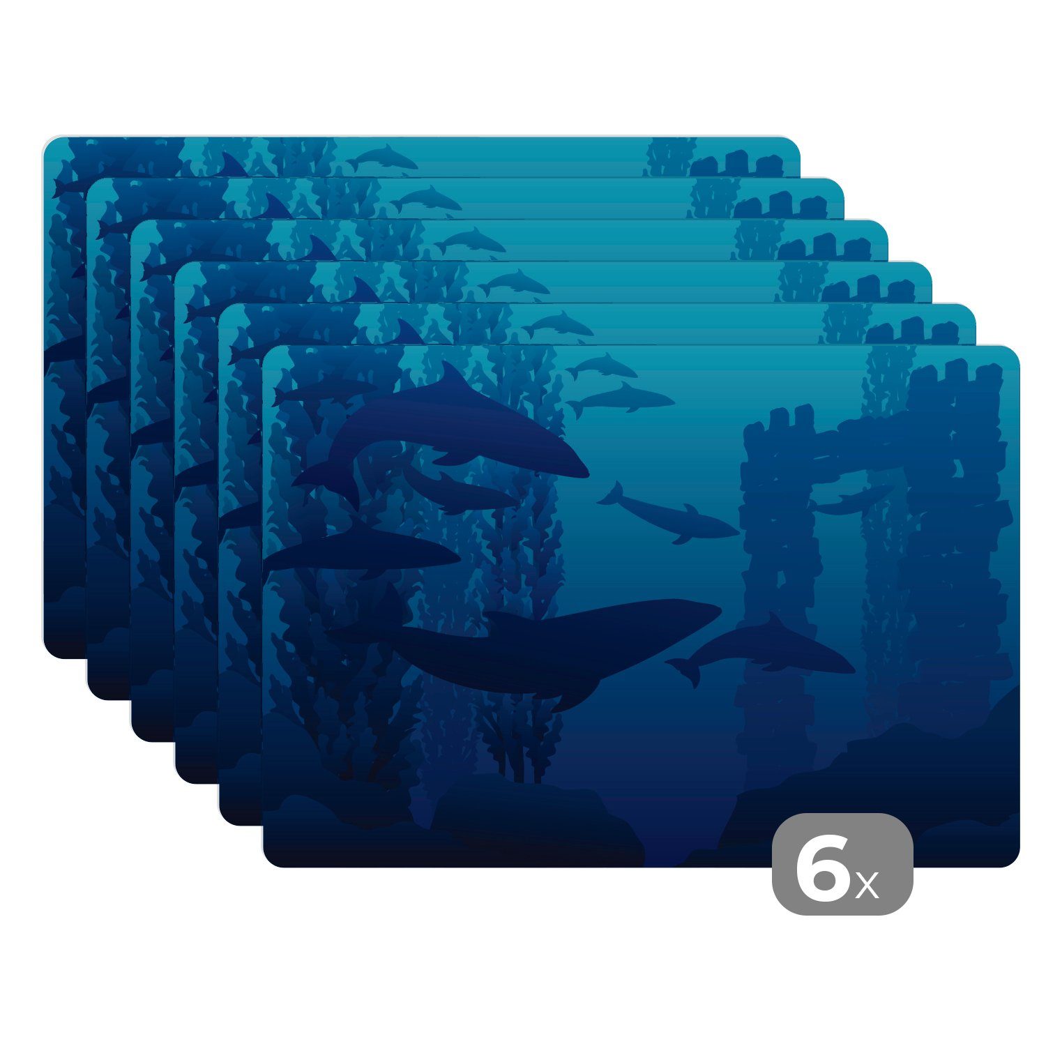 Platzset, Delfine - Ozean - Silhouette, MuchoWow, (6-St), Platzset, Platzdecken, Platzmatte, Tischmatten, Schmutzabweisend