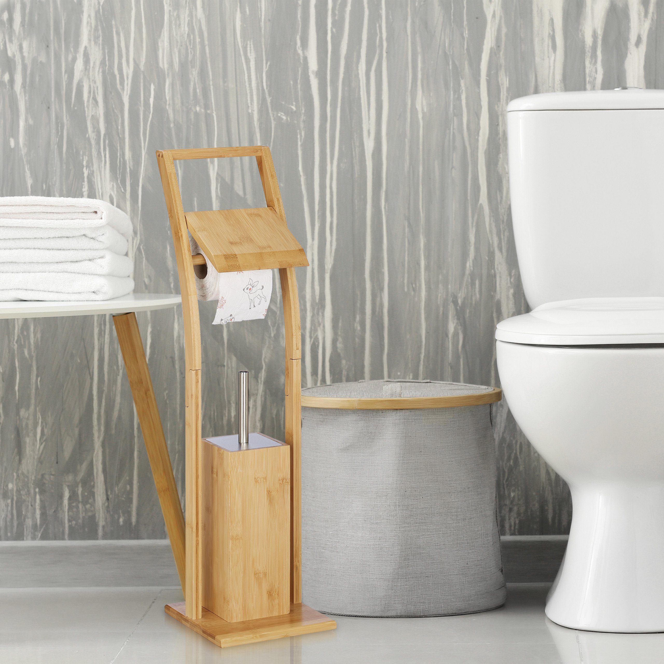relaxdays Toilettenpapierhalter WC Garnitur Bambus