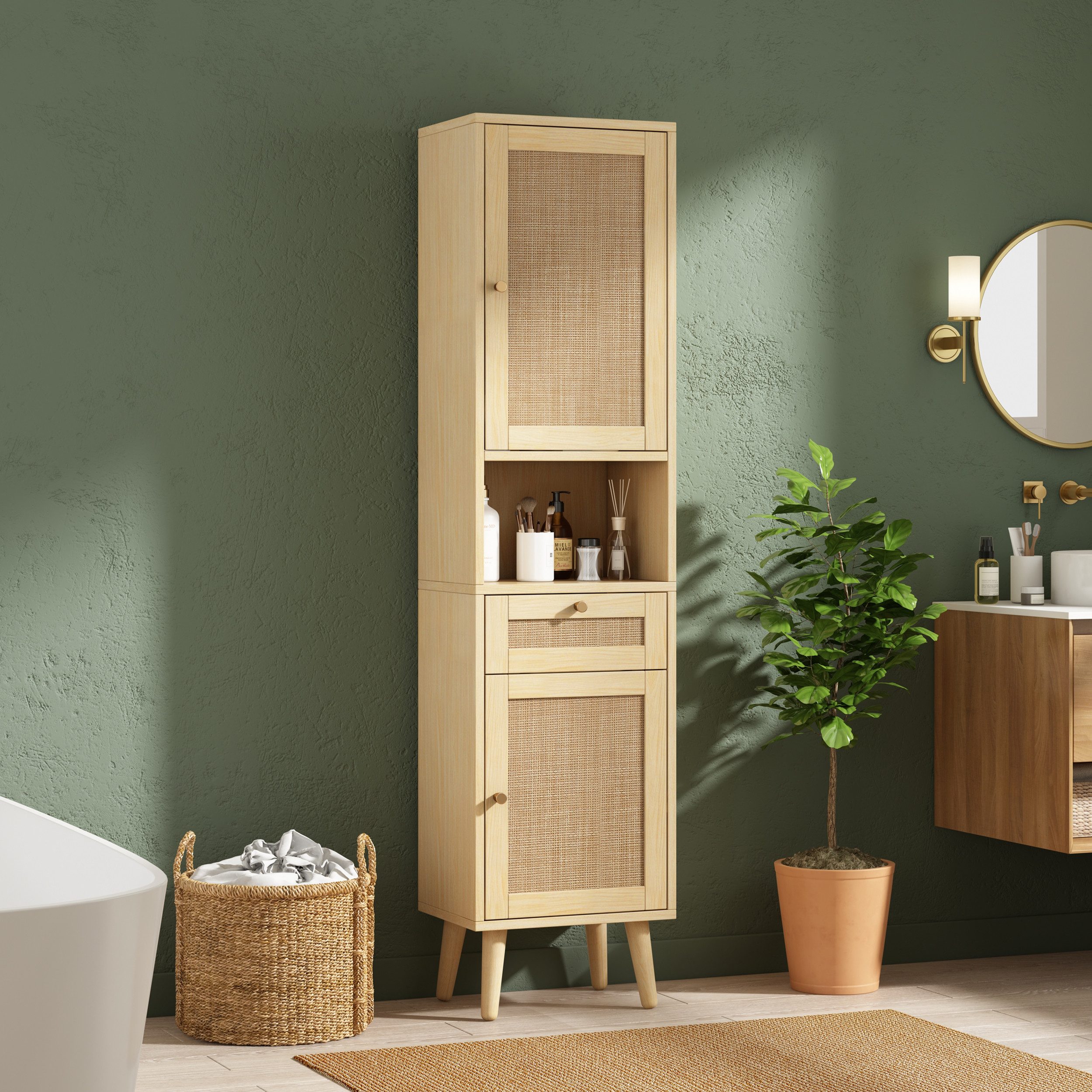 Merax Badkommode freistehender Badezimmerschrank mit Rattan-Türen & Soft-Close (40 × 30 × 166 cm, 1 St., Badezimmermöbel mit wendbarem Links-Rechts-Türdesign), Hochschrank mit Schublade, offenen Ablagen,Magnetverschluss,Kippschutz
