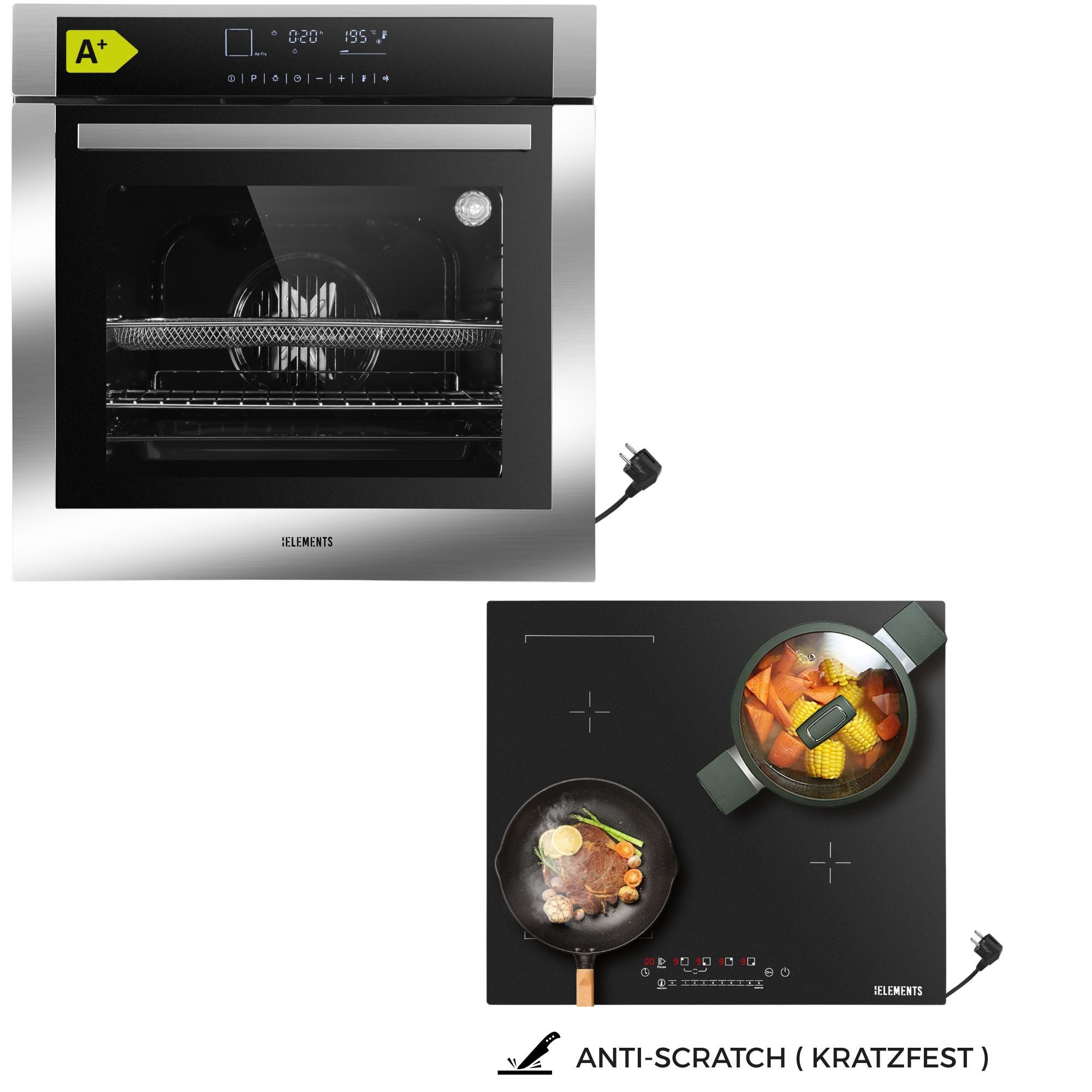 KB Elements Induktions Herd-Set KB ELEMENTS Herdset Backofen 60cm, Kratzfestes Induktionskochfeld 60cm, mit 2-fach-Teleskopauszug, AQUA CLEAN, Backofen Full Touch mit 15 Funktionen, Kratzfestes Induktionskochfeld