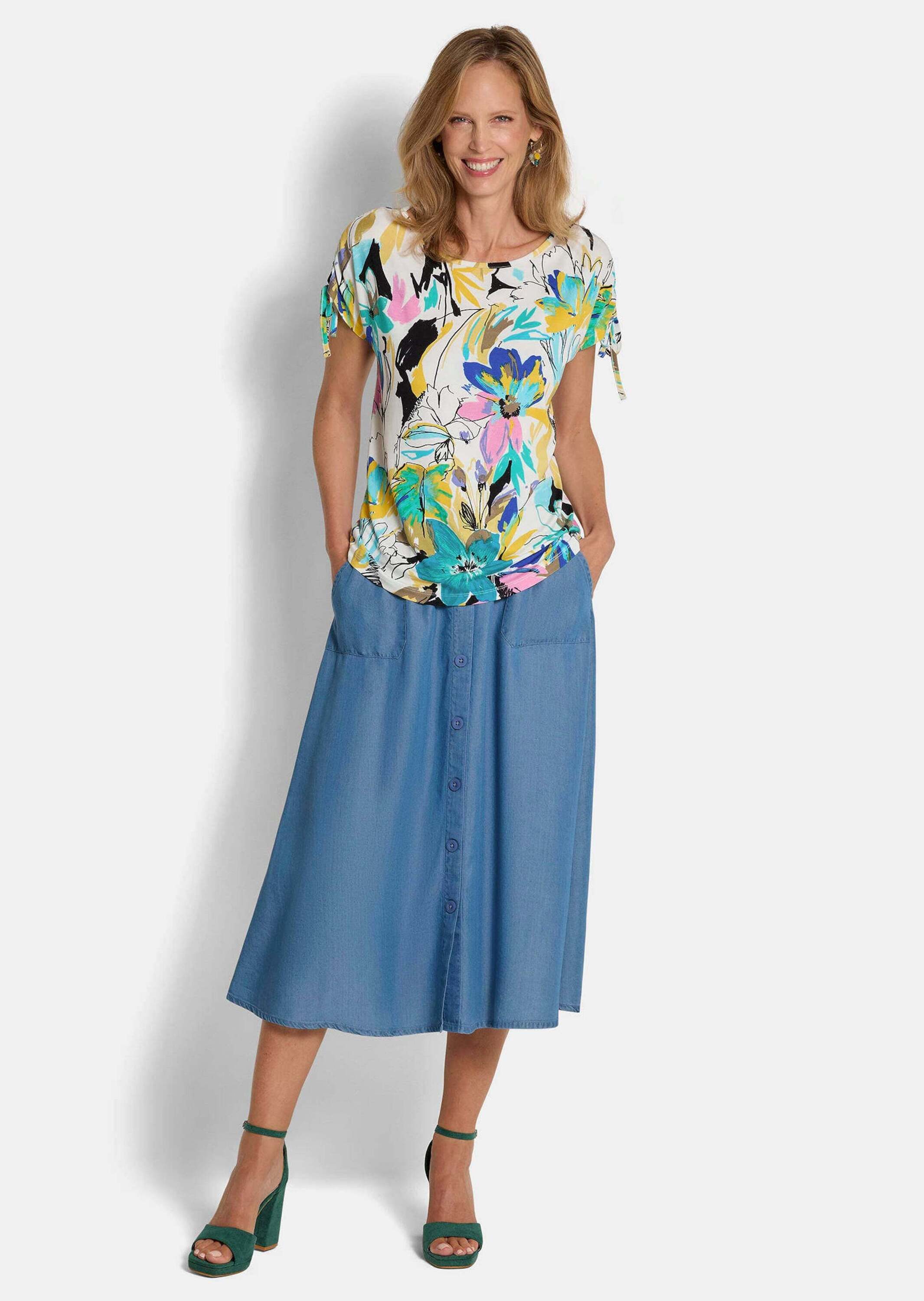 GOLDNER Print-Shirt Jerseyshirt mit floralem Design Cityshirt mit U-Boot-Ausschnitt, Kordelzug und Viertelarm