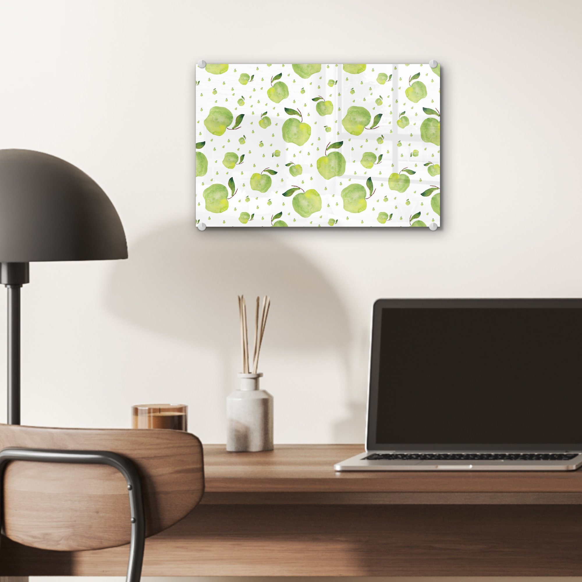 Foto Wanddekoration Wandbild Äpfel - - (1 - Grün - Glas MuchoWow Glasbilder Glas Acrylglasbild St), auf Muster, - Bilder auf
