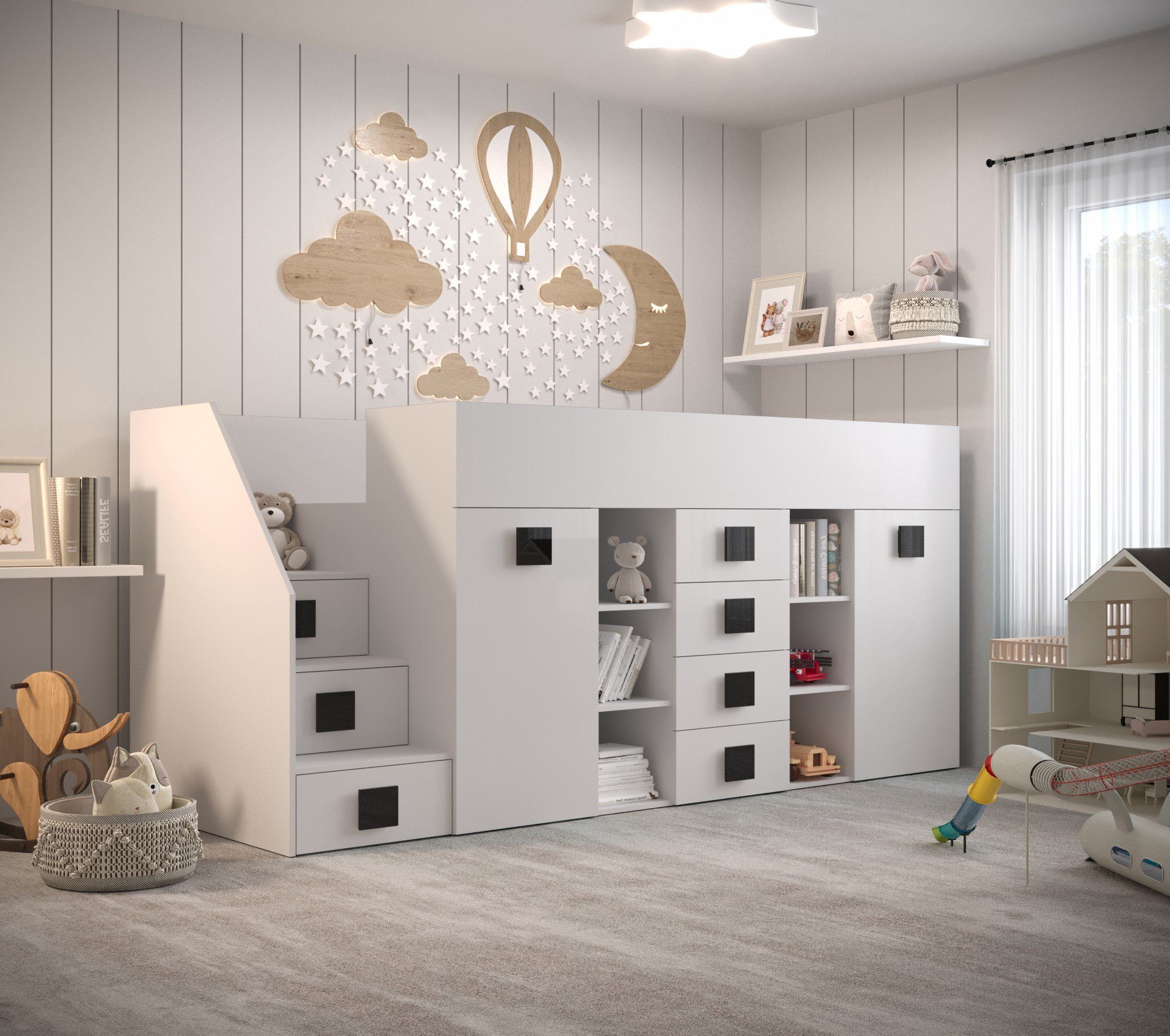Unique Home Hochbett Kinderbett TOL 3LG, mit Schreibtisch, Schrank und Schubladen Weiß/Griffe Schwarz