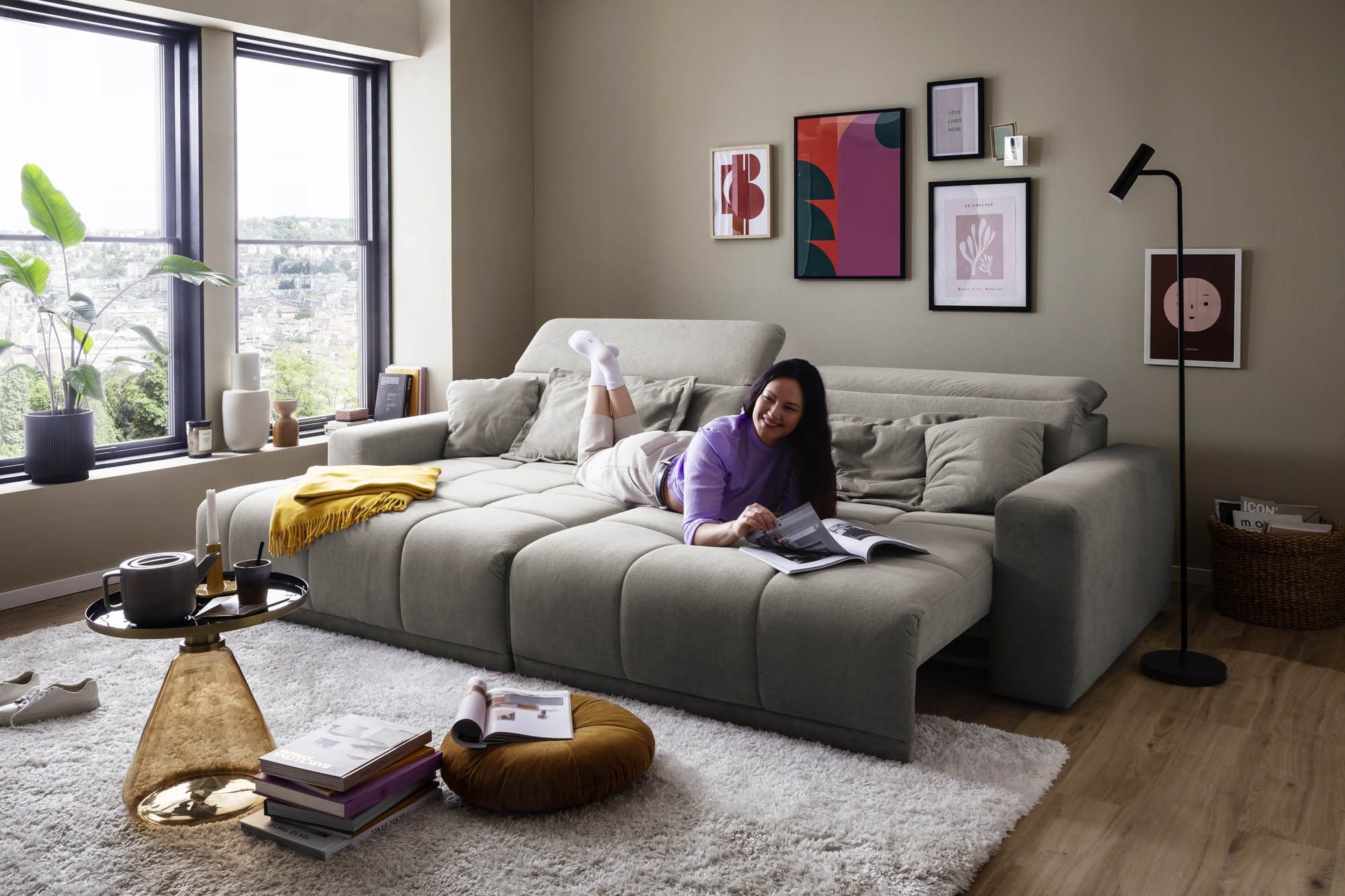 Iwaniccy Polstergarnitur Sitztiefen + Kopfteilverstellung, hellgrau - 288x80x176cm (BxHxT)