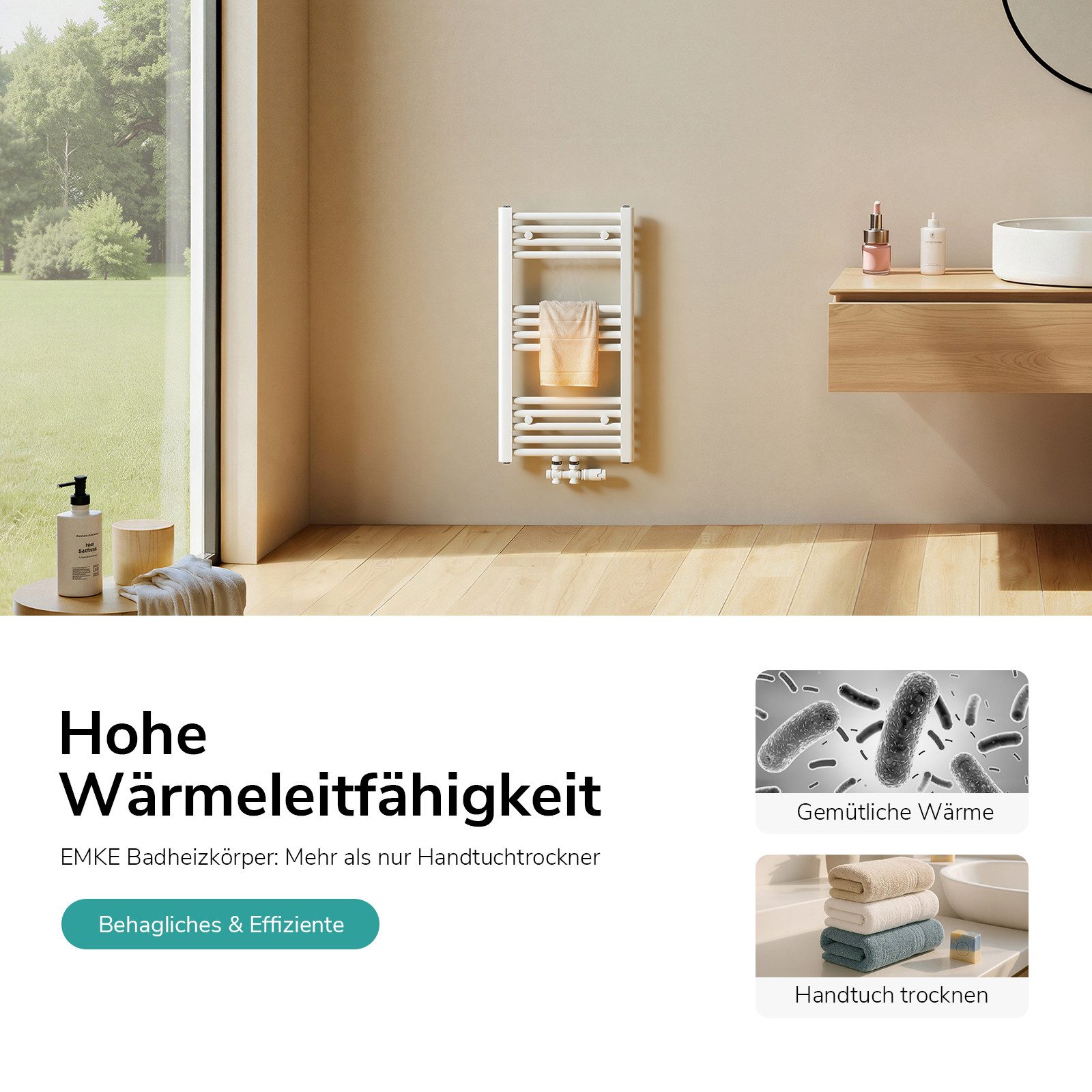 EMKE Badheizkörper Handtuchheizkörper Badezimmer Handtuchtrockner für kleines Bad, Handtuchwärmer Mittelanschluss 3/4 qm Raum 244-337W
