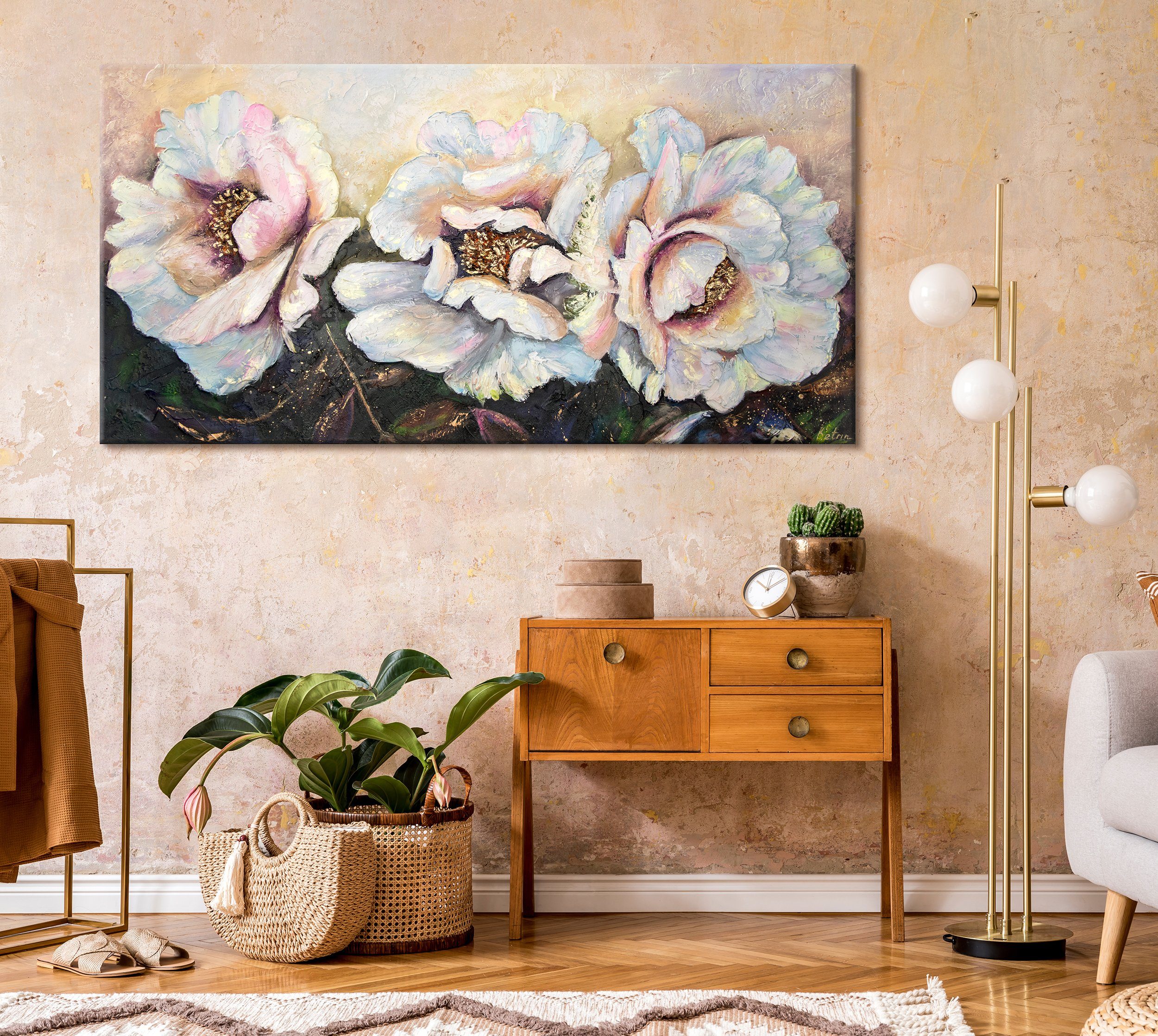 Schwarz Leinwand Weiß Pfingstrosen, Handgemalt Bild Blumen, Gold YS-Art Gemälde Pfingstrose Schattenfugenrahmen Ohne